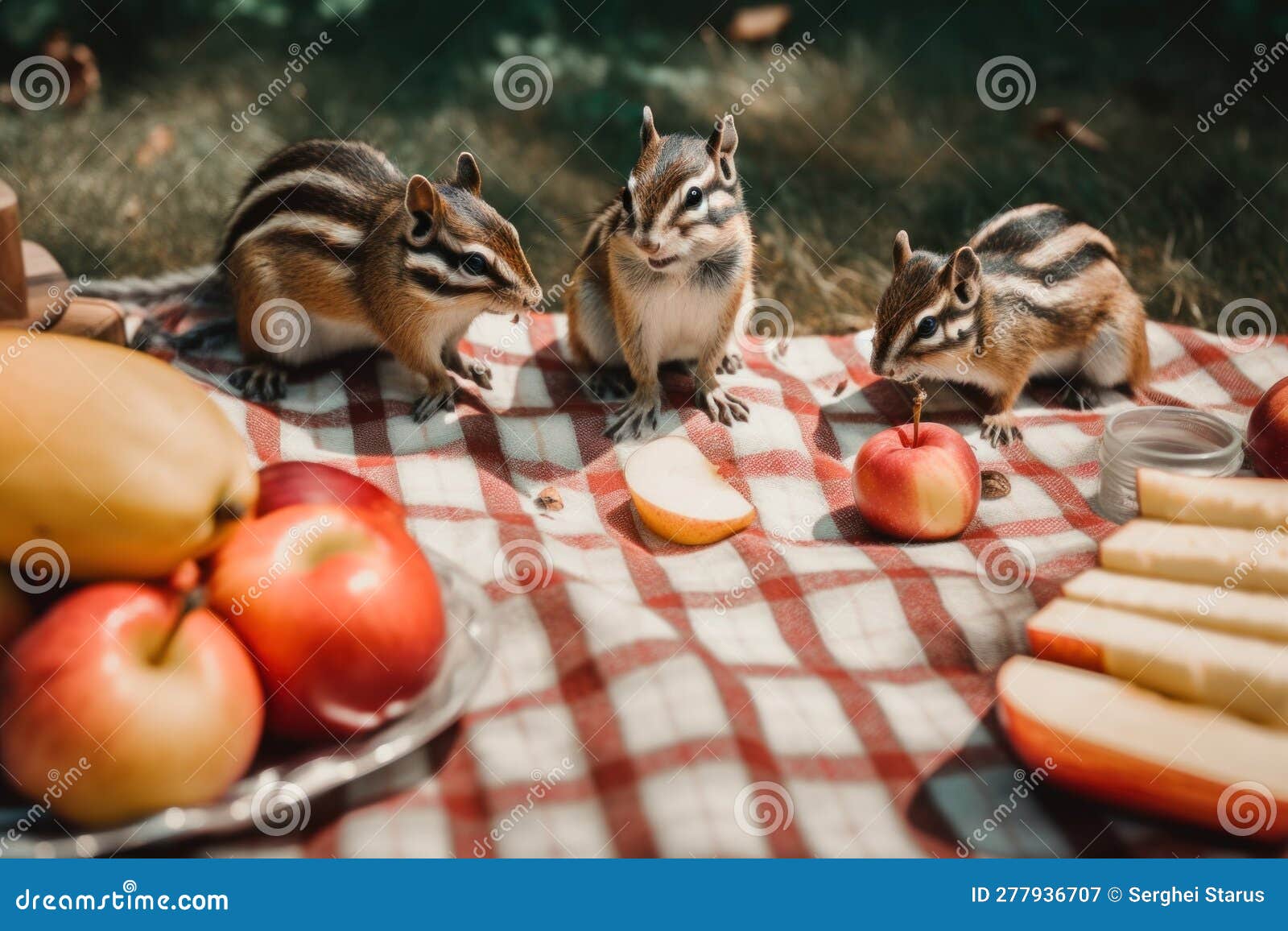 Three Chipmunks are Sitting on a Table with Apples and Bananas