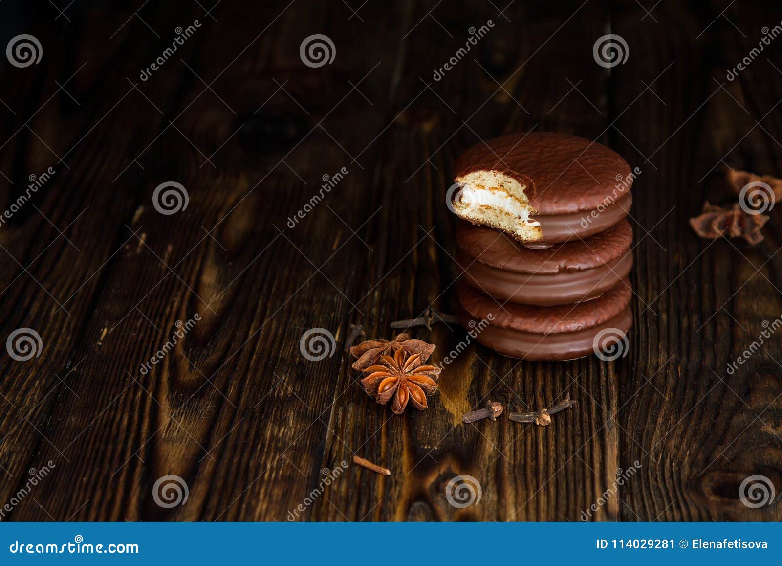 three choco pie sweet dessert on the village dark old table
