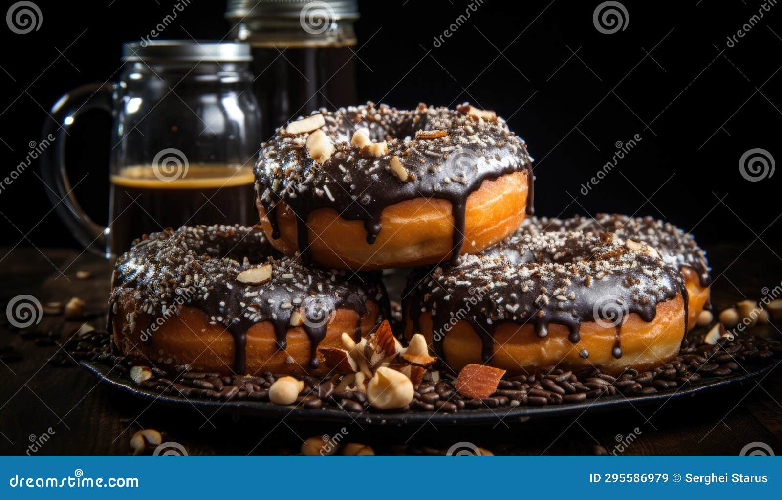 Three Chocolate Glazed Donuts with Nuts and Coffee Beans, AI Stock
