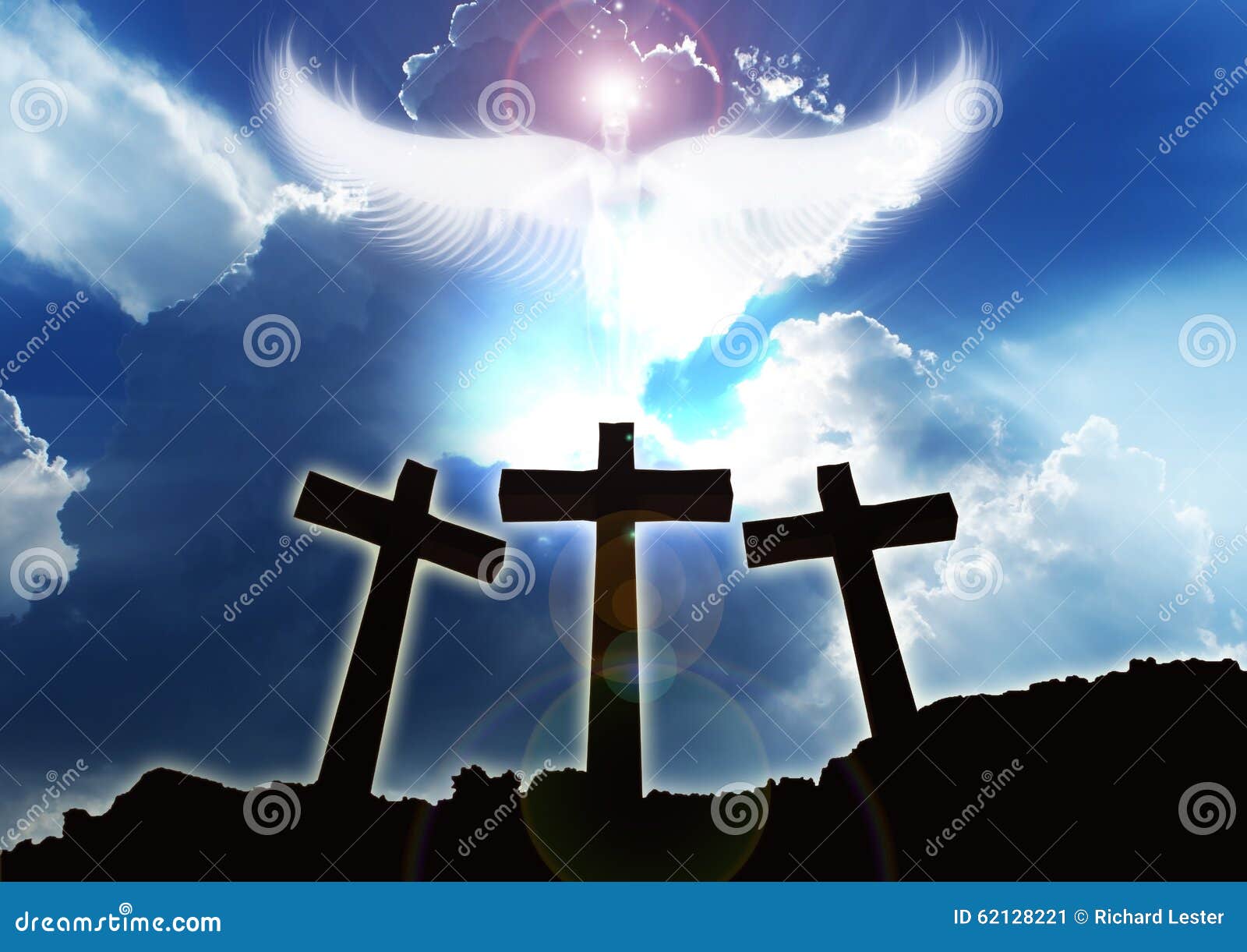 three christian crosses, angel rising beautifull clouds