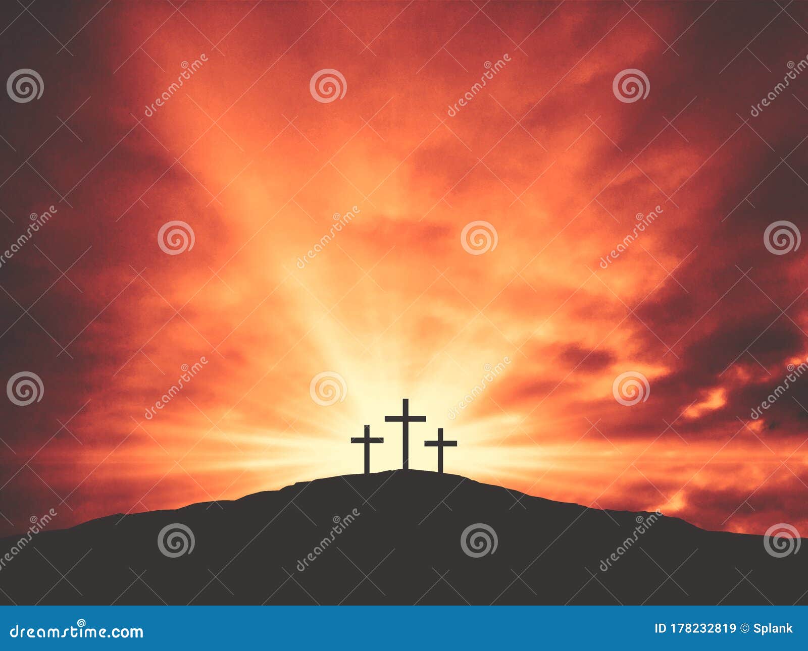 three christian easter crosses on hill of calvary with colorful clouds in sky