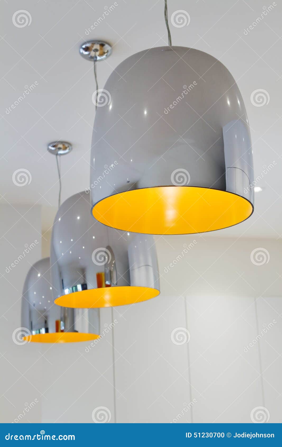 Three Chrome and Yellow Contemporary Kitchen Pendant Lighting Stock