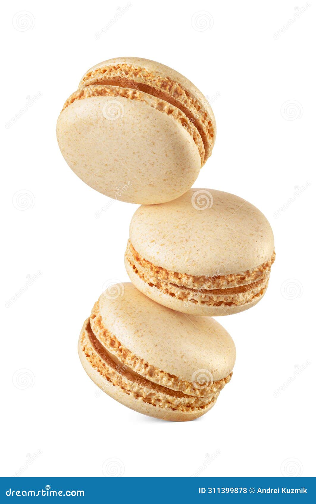 three yellow macarons  on white background. sweet levitated meringue-based confection