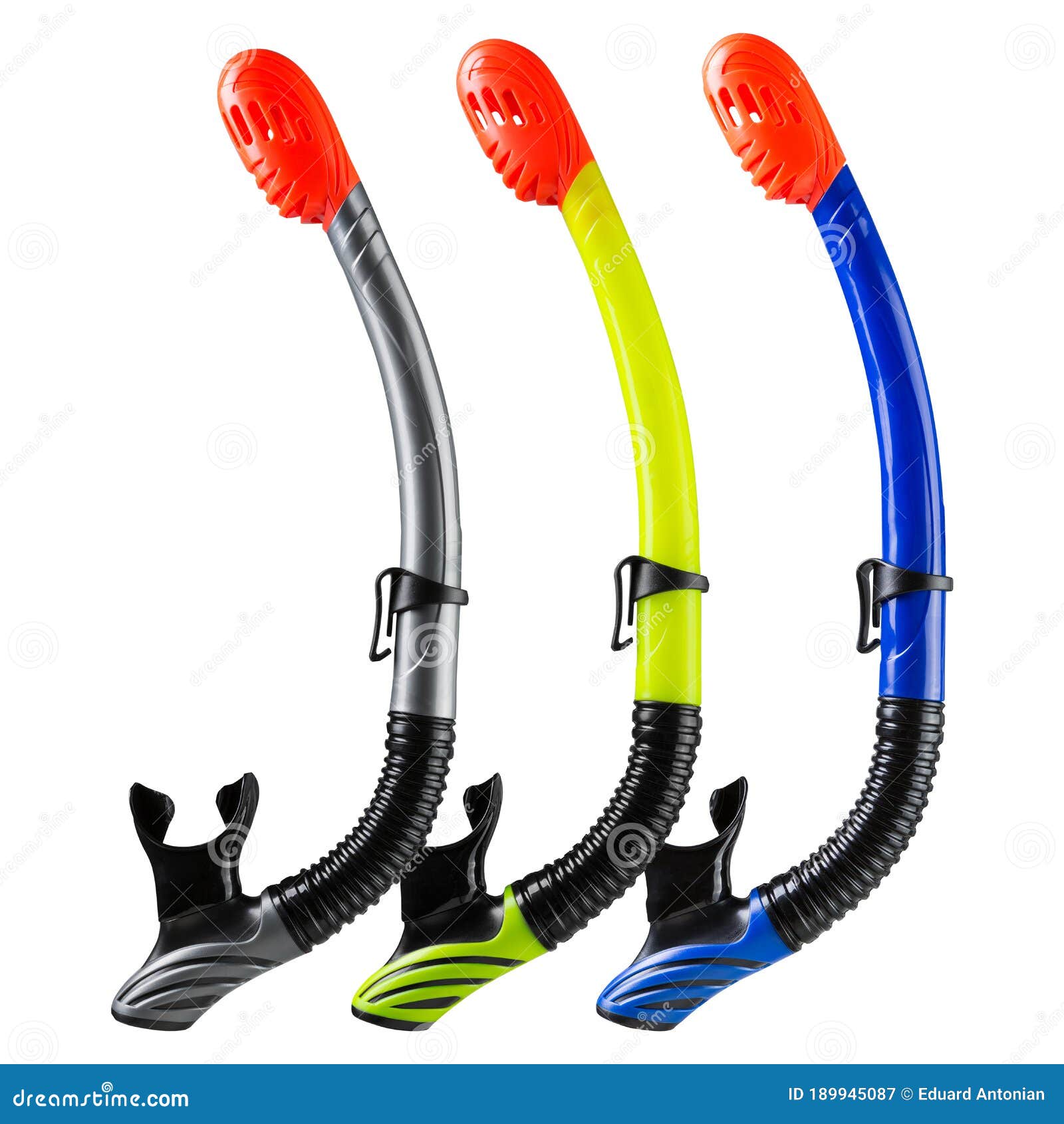 Three Colored Breathing Tubes For Scuba Diving, With Upper And Lower