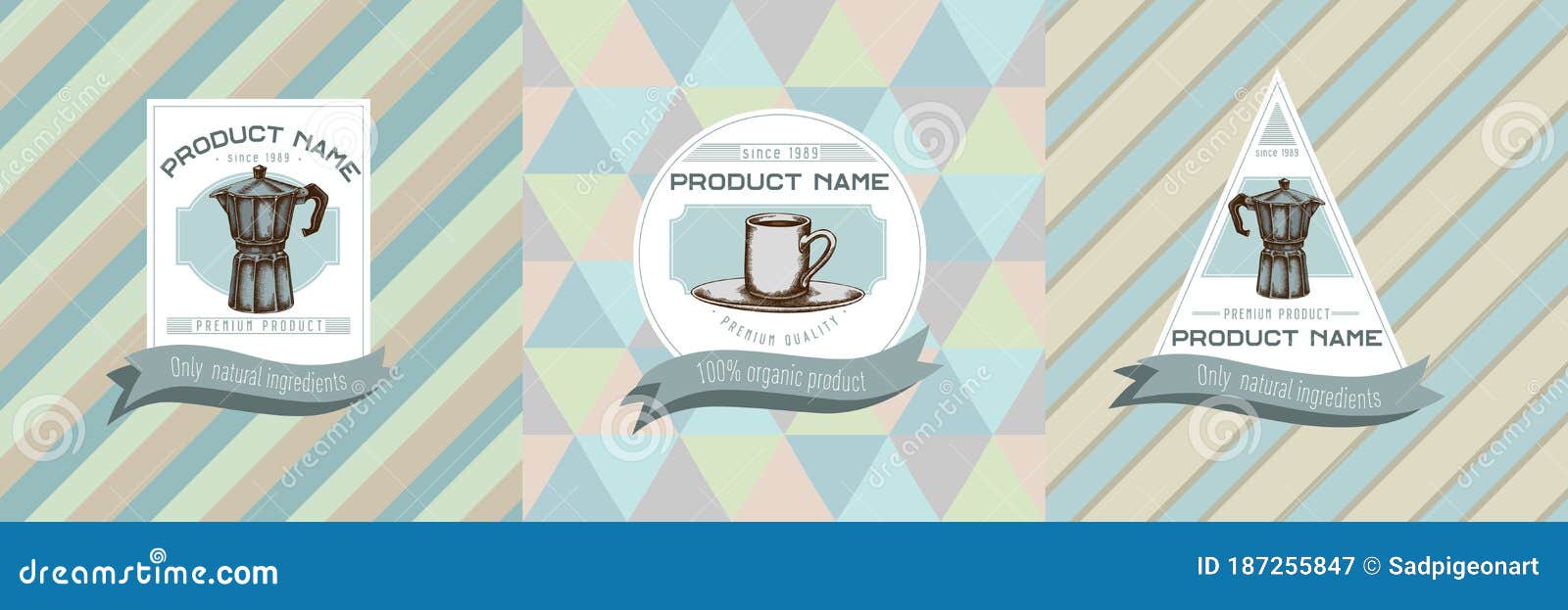 Three Colored Labels with Illustration of Espresso Cup, Coffee Pot
