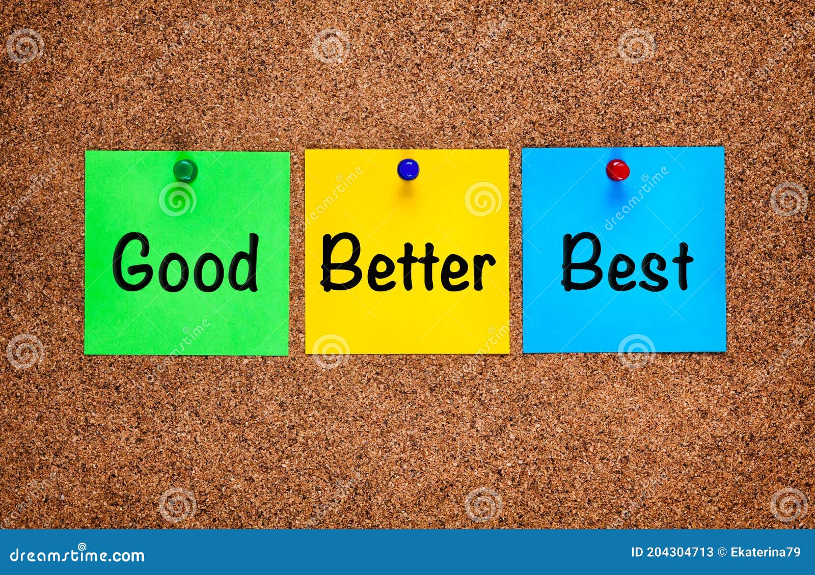 Three Colored Notes on Cork Board with Words Good, Better, Best Stock