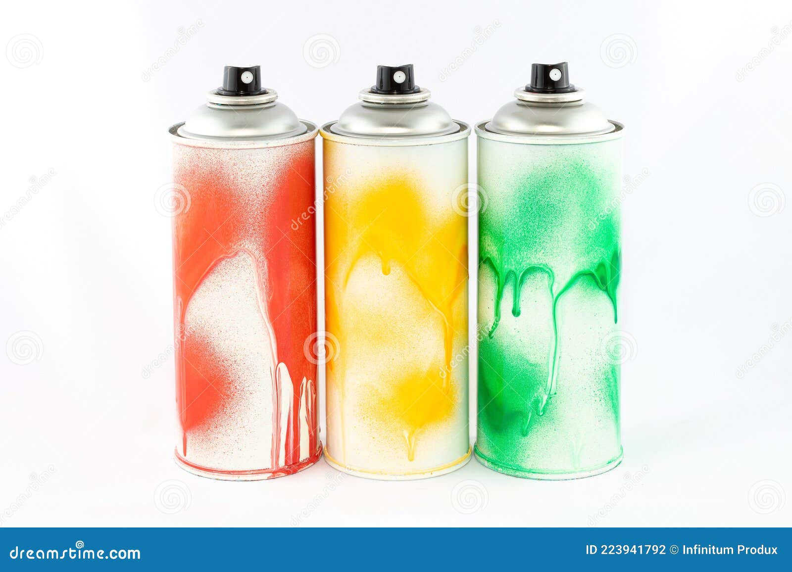 Three Colored Spray Paint Cans on White Background Stock Photo Image
