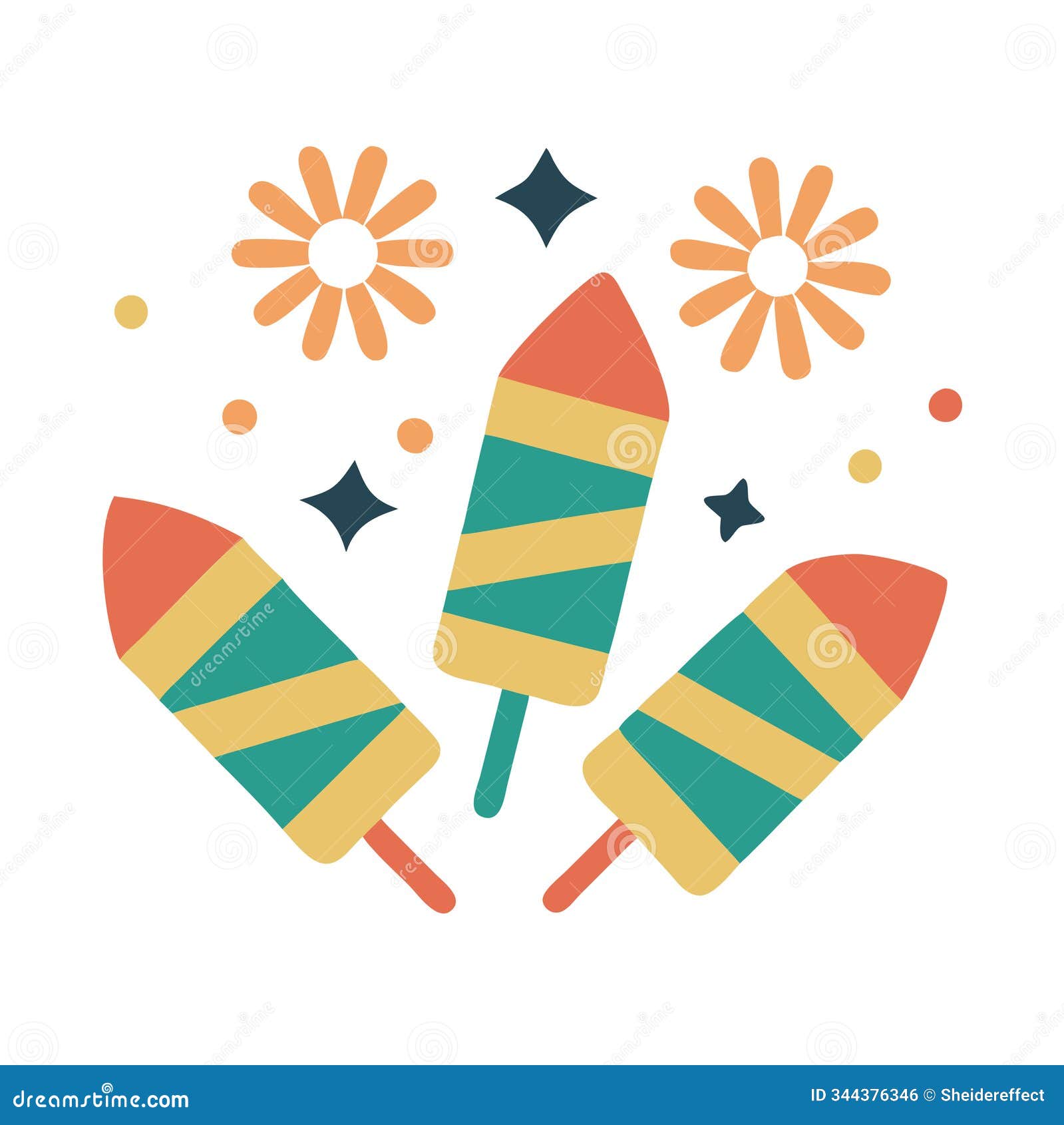 three colorful firecrackers are shown in a festive scene