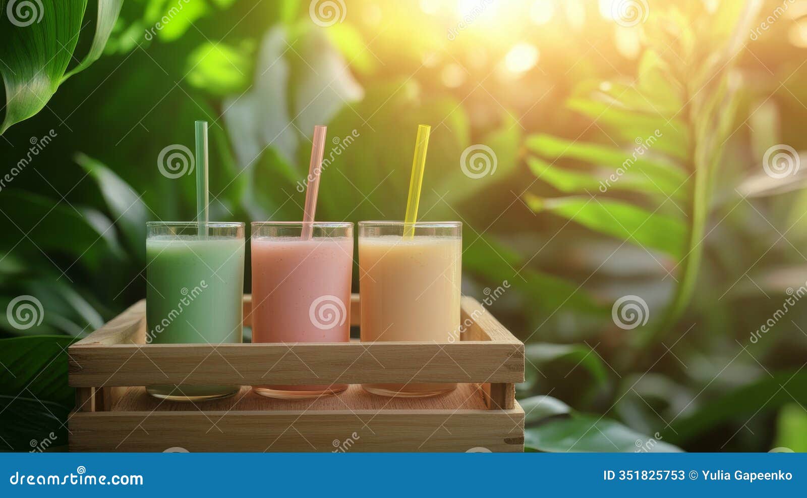 refreshing fruit smoothies displayed in a wooden tray surrounded by lush green leaves