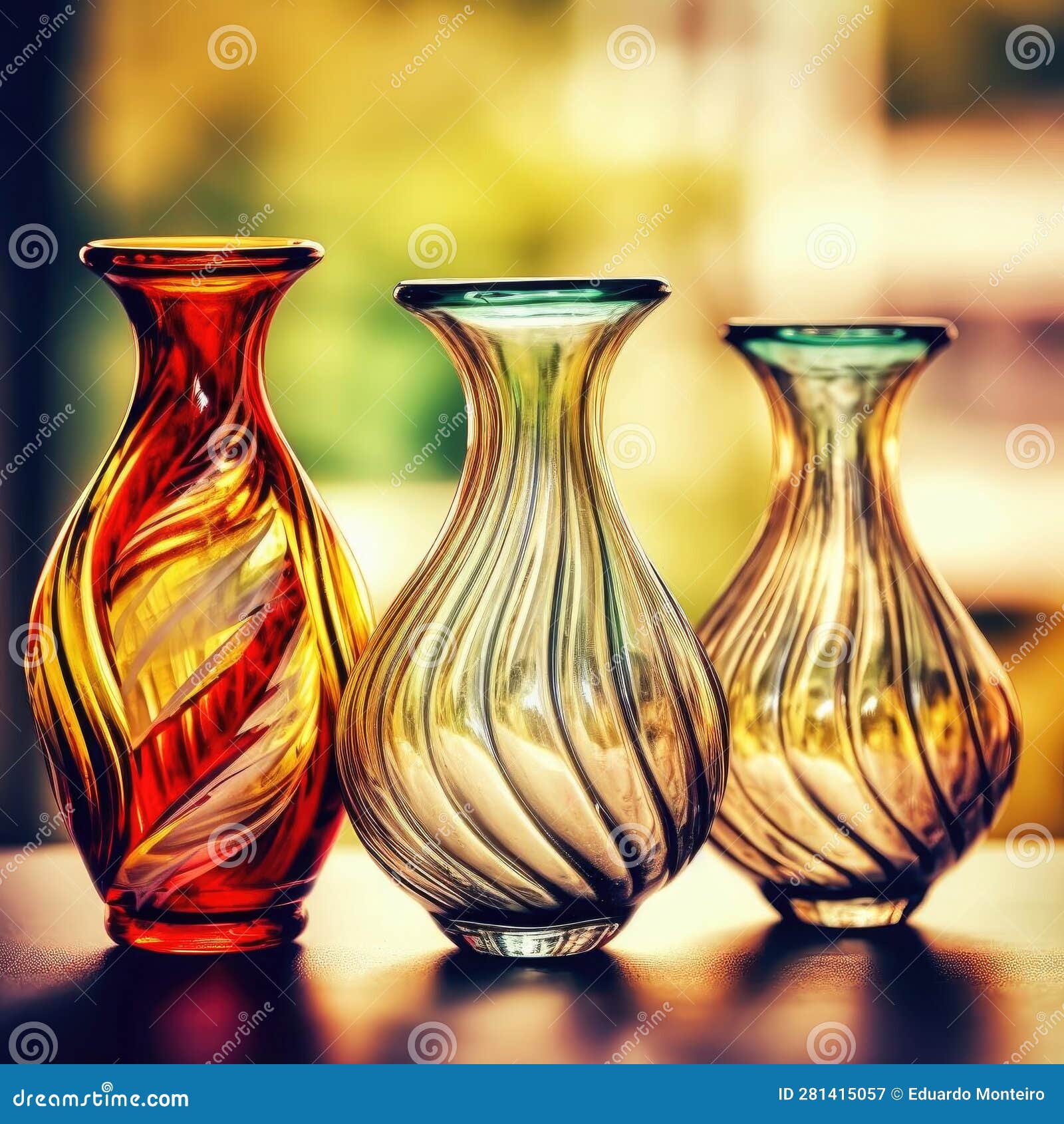 Three Colorful Glass Vases on a Table in a Cafe Stock Image Image of
