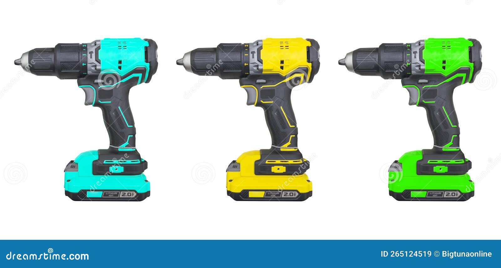 Three Cordless Battery Screwdriver Drill Isolated on White Background