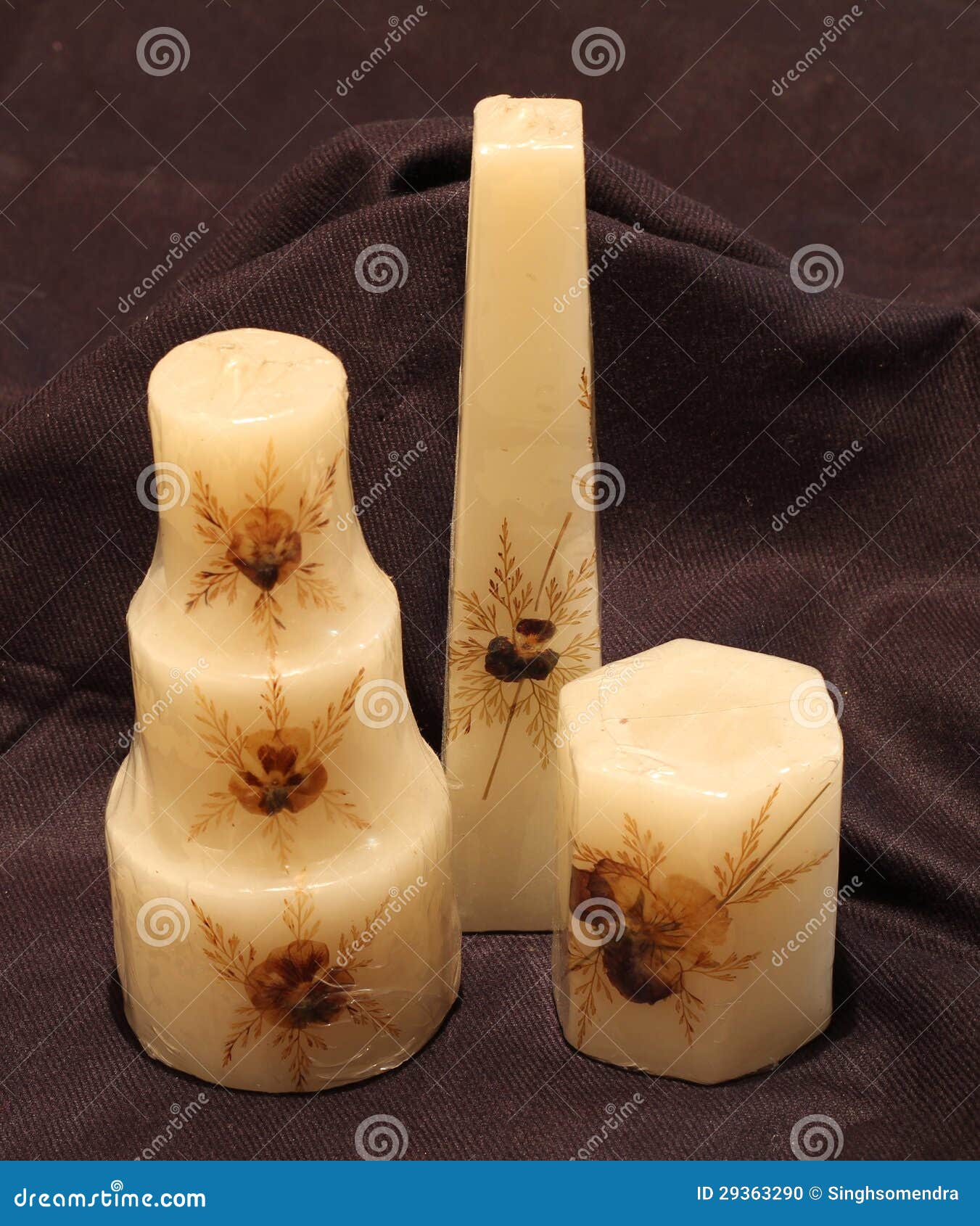 Three Cream Color Candles of Various Design Stock Photo Image of