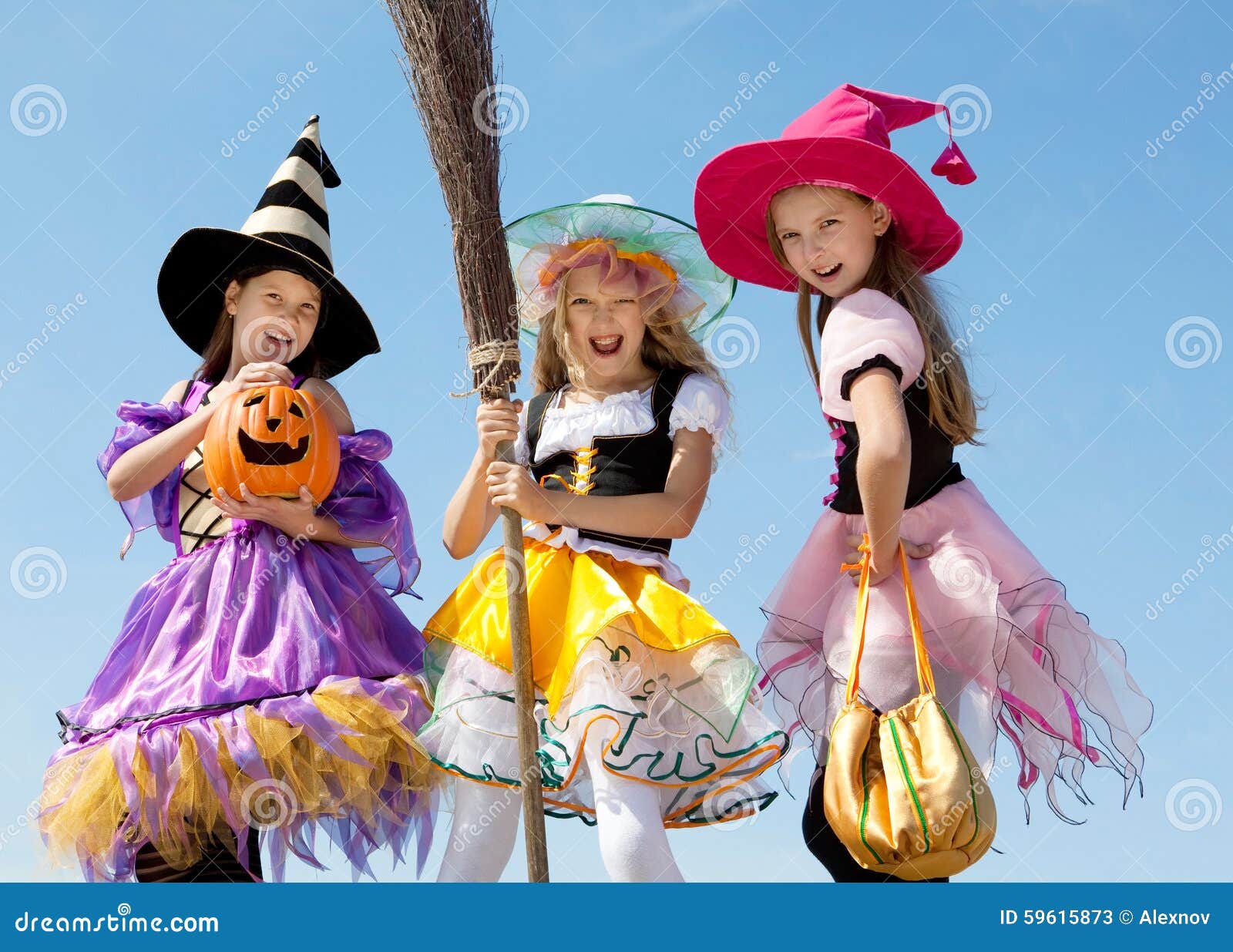 Three Cute Little Witches Standing With Broom Stock Image - Image of clothing ...