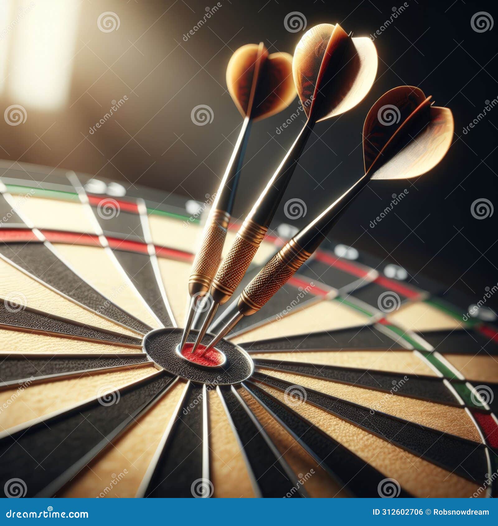 three darts hit their mark in the bullseye on dart board