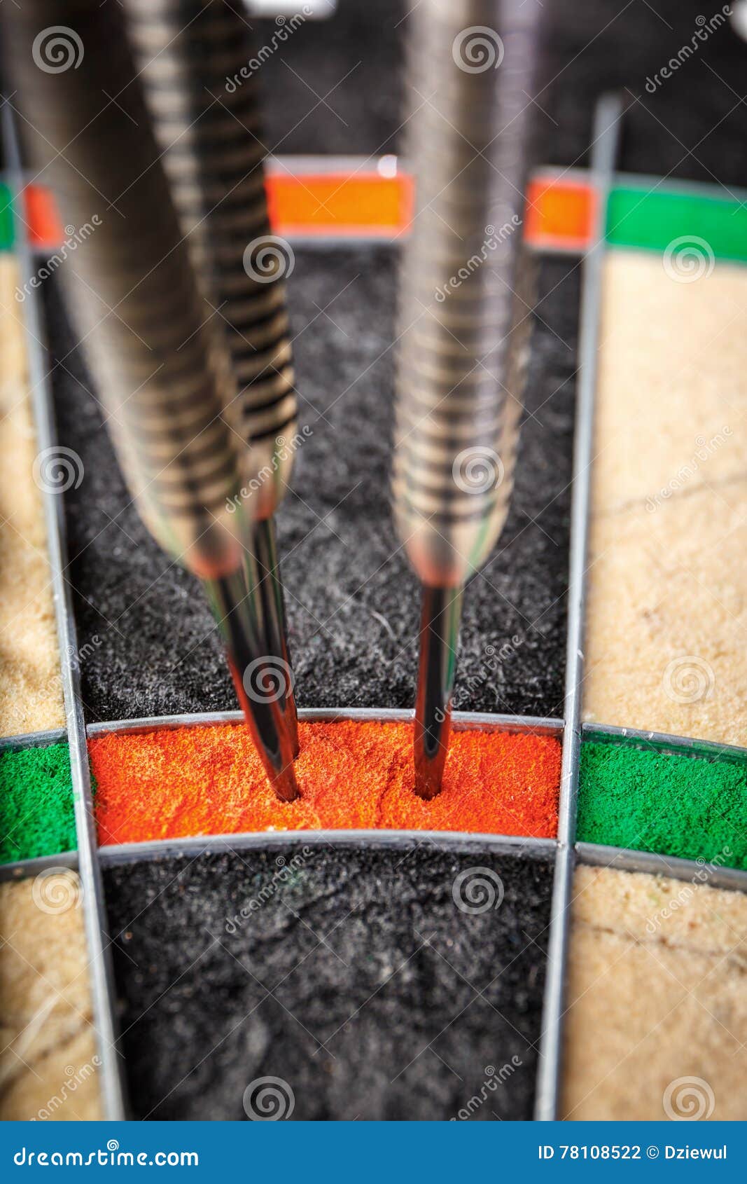 Three Darts Hitting Perfect 180 Score on Dart Board Stock Photo Image