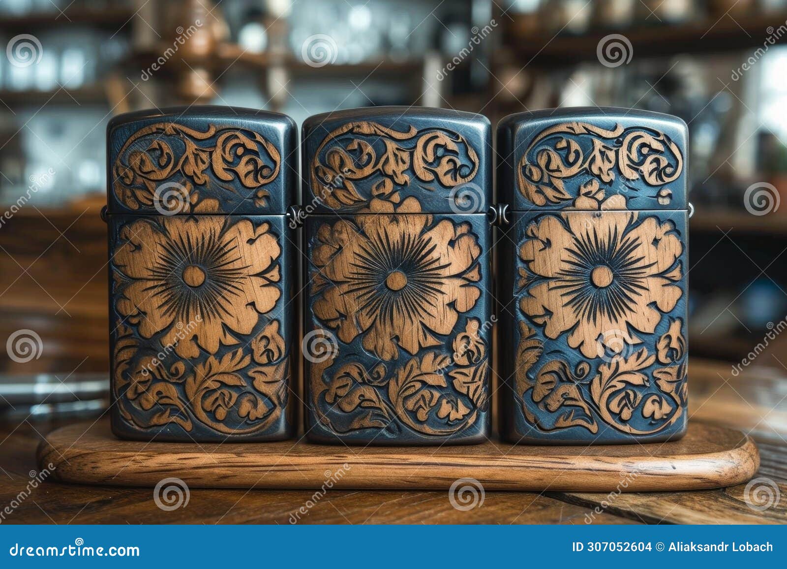 Three Designer Gasoline Cigar Lighters Stand on a Stand on the Table