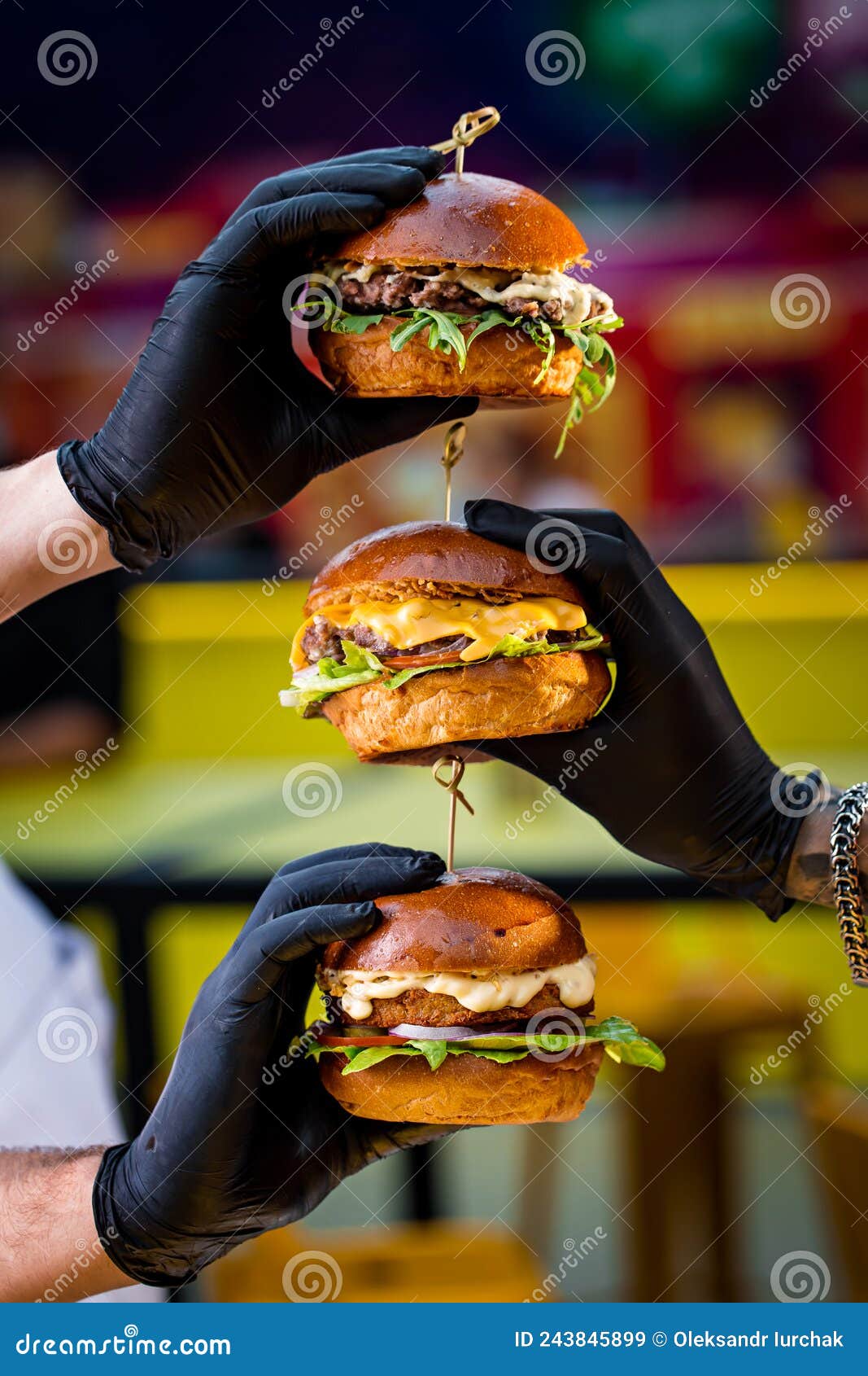 Three Different Cheeseburgers with Chicken, Pork and Beef are Held in Hands Stock Image Image