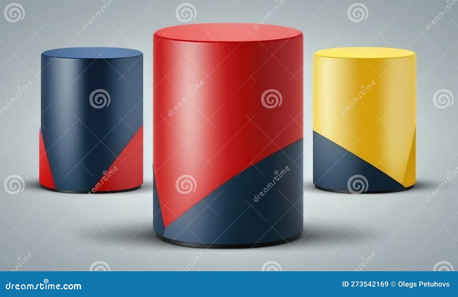 Three Different Colored Cylindrical Objects on a Gray Background with a