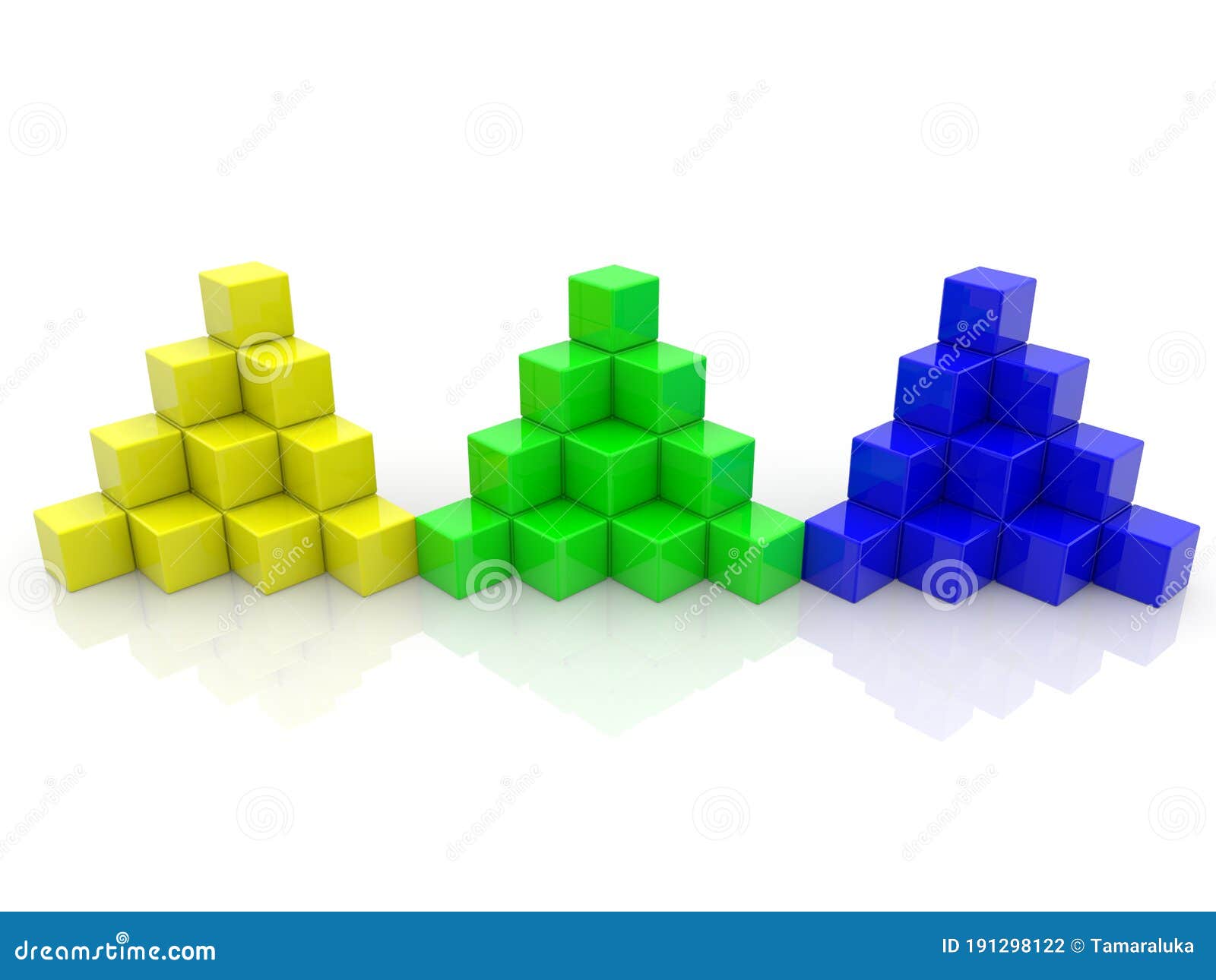 Three different colored pyramids from toy blocks to white on white background