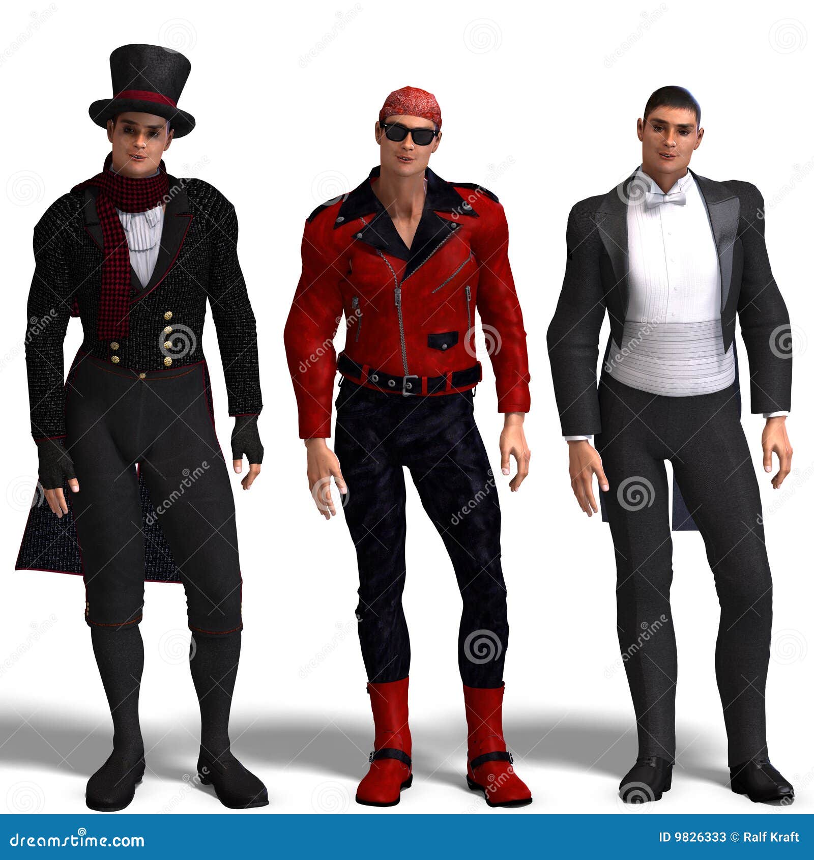 three different outfits: dandy, biker, formal