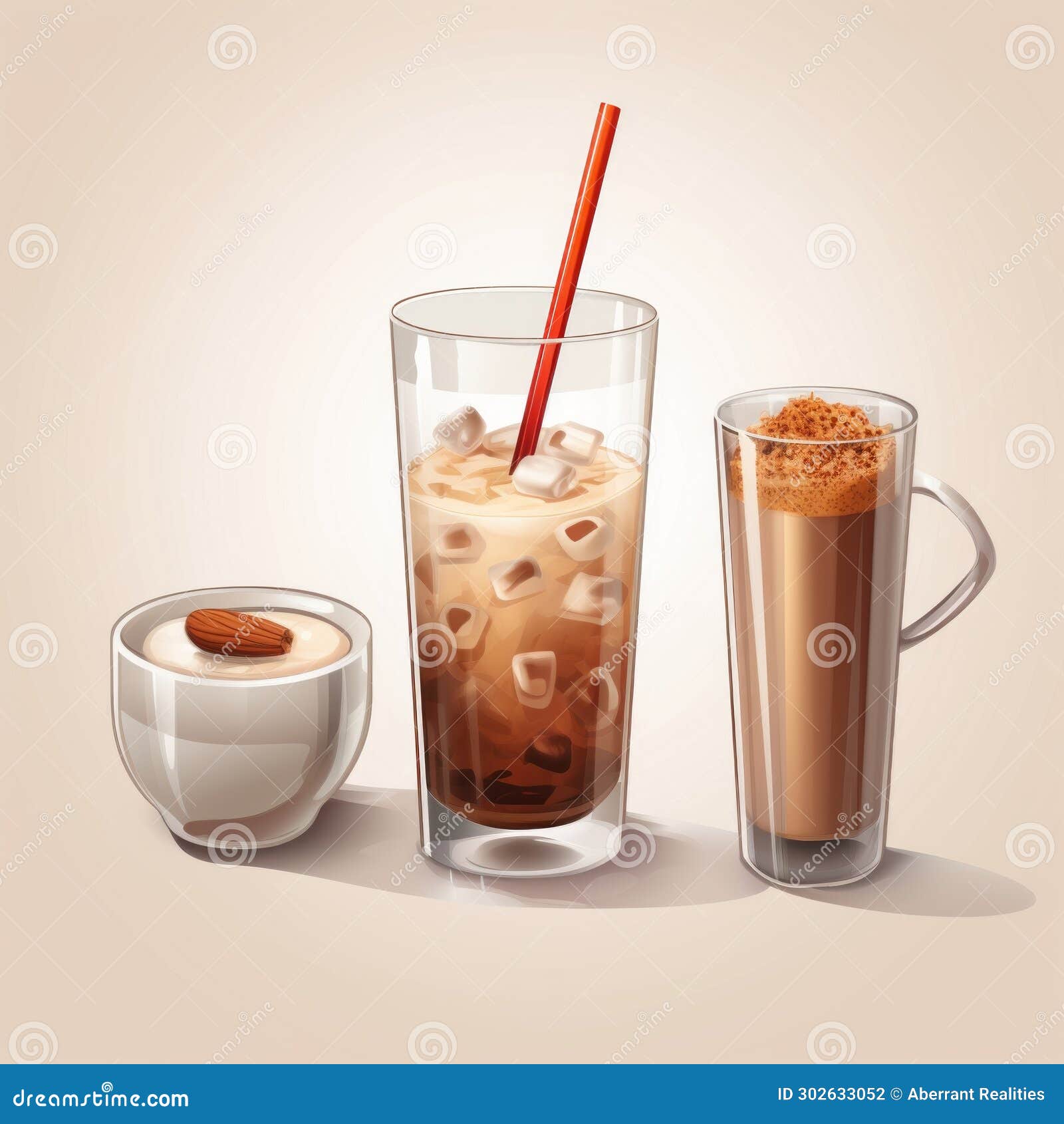 Three Different Types of Iced Coffee Drinks in Glasses and Cups Stock
