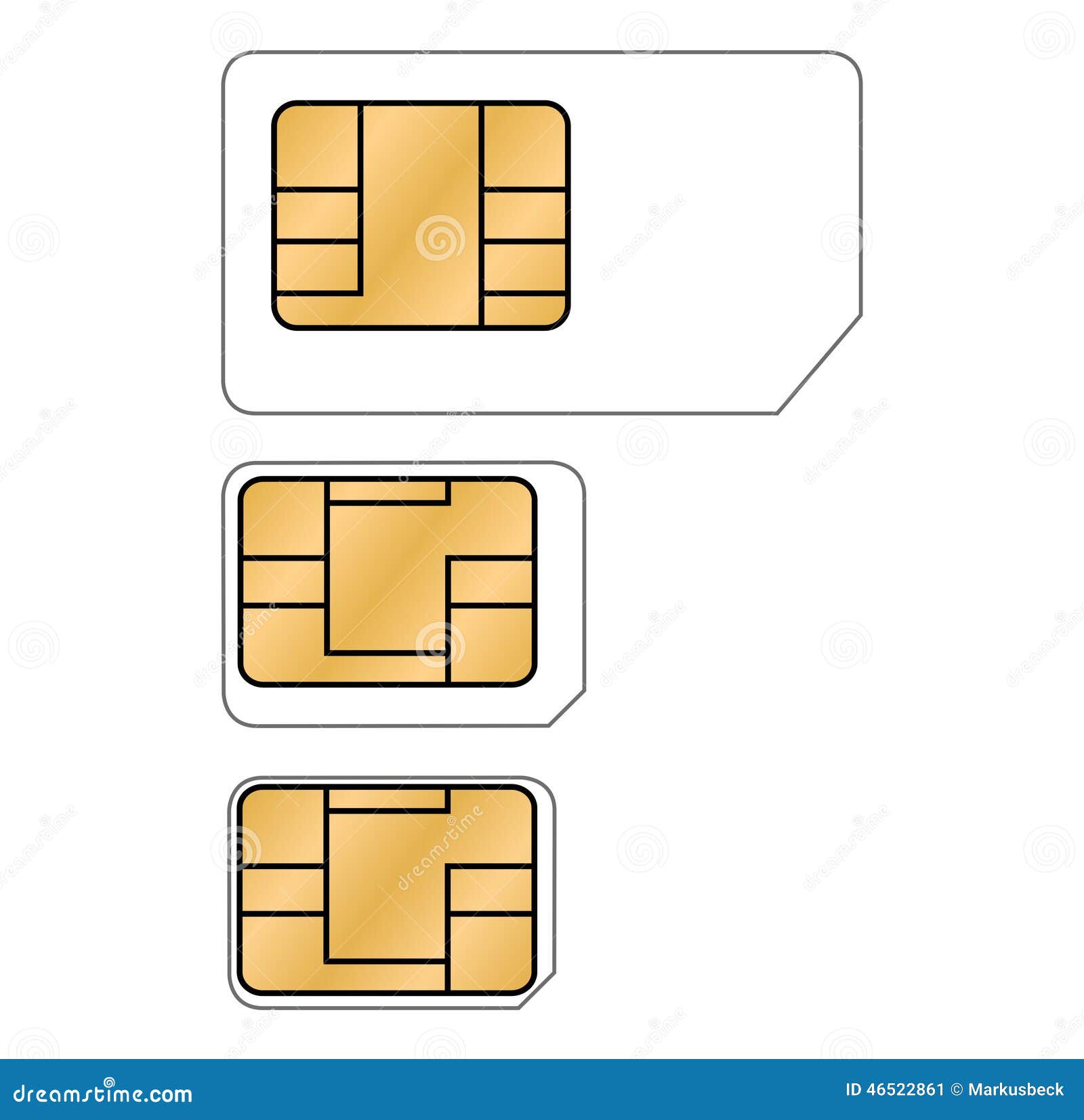 Illustration of three different types of SIM cards - normal, micro and nano.