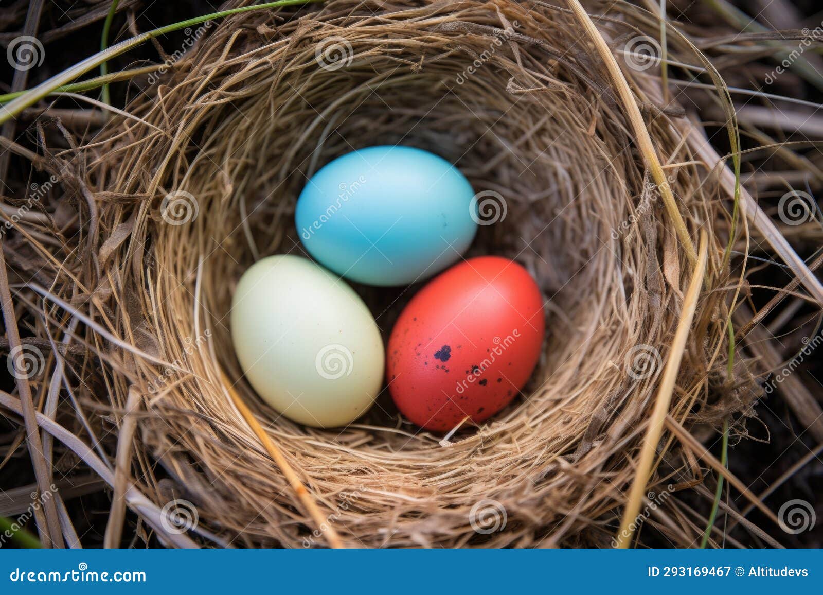 Three Differently Colored Bird Eggs in a Lined Nest Stock Image Image