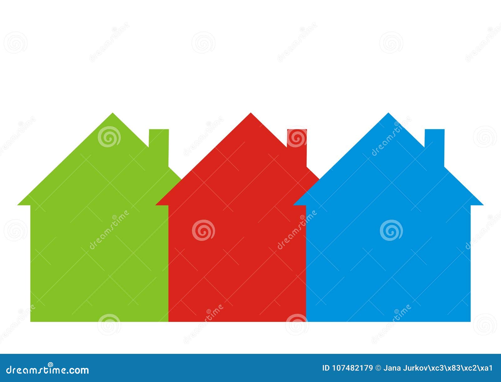 three differently colored houses