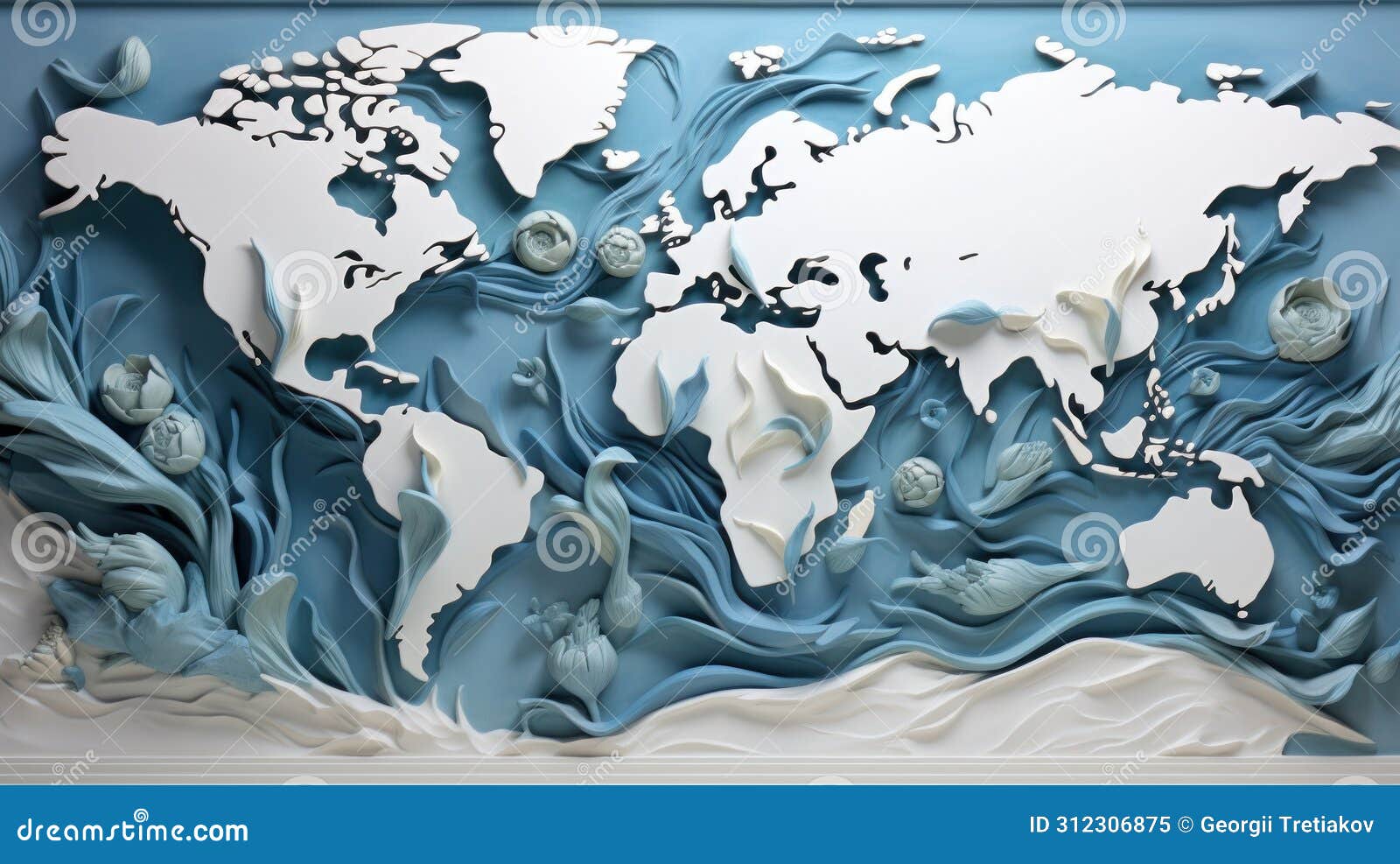 artistic world map with oceanic waves pattern