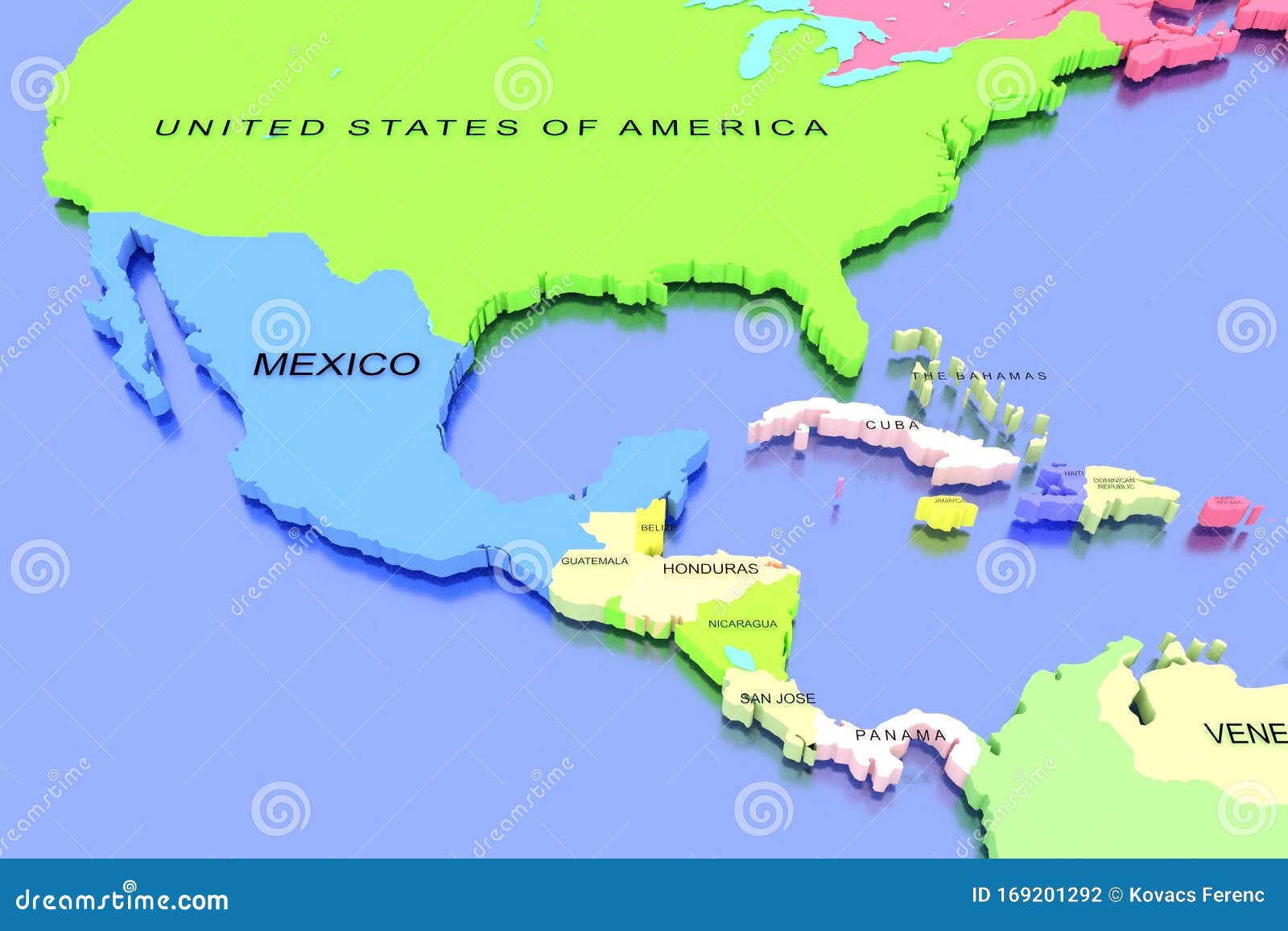 Three Dimensional Rendered Map of Middle America Stock Illustration