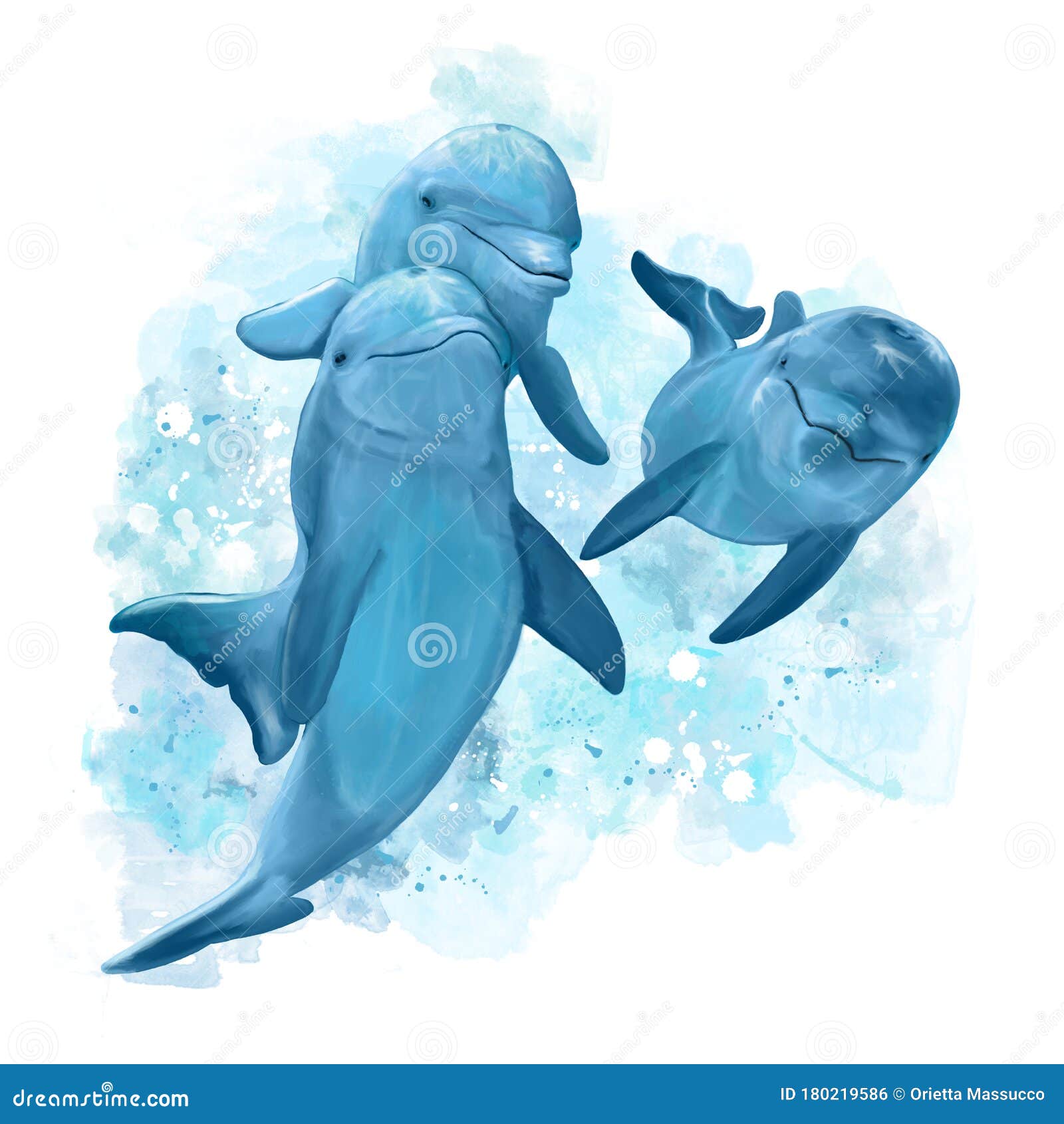Three Dolphins Swim in the Sea. Painting Stock Illustration