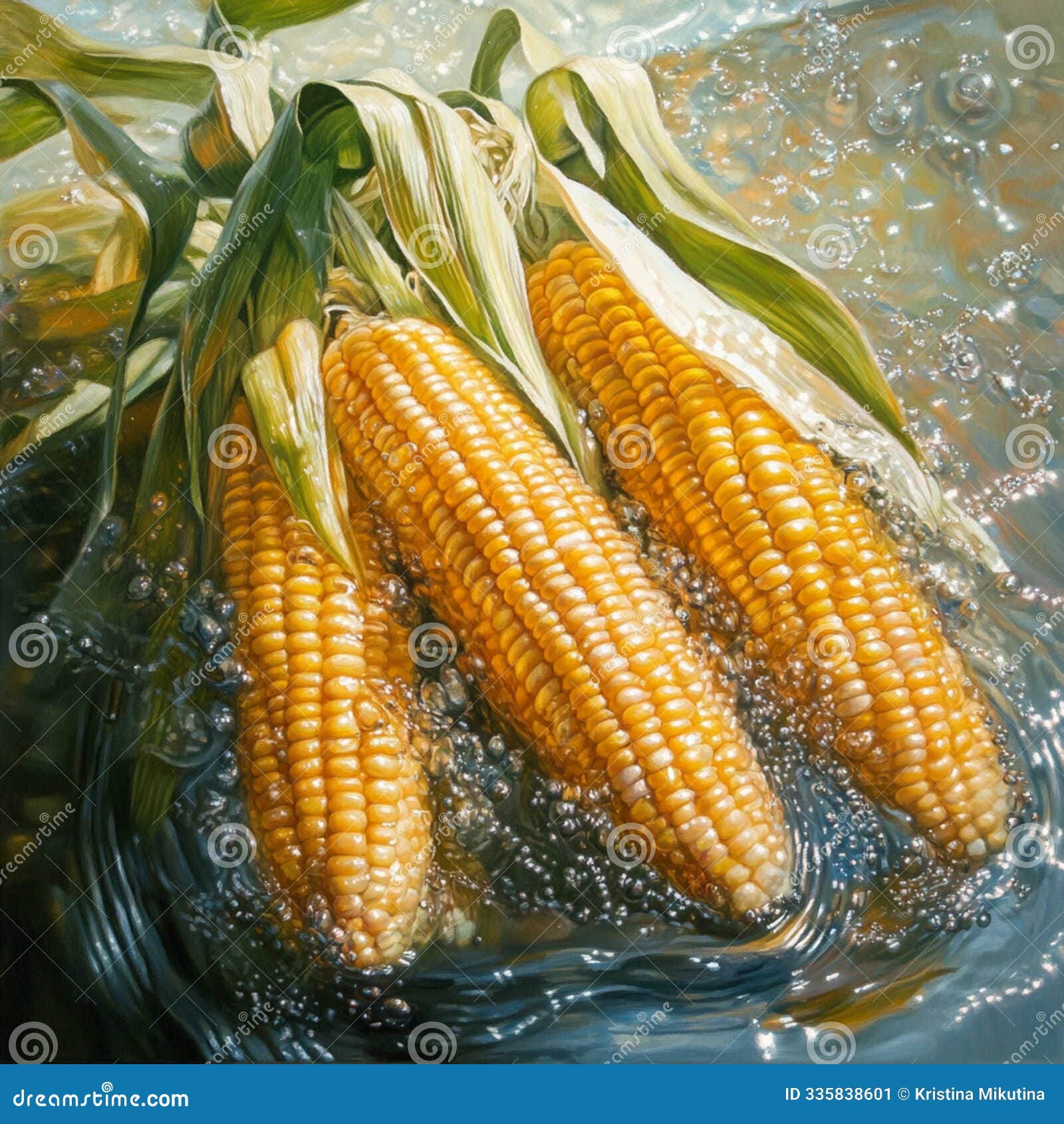 three ears of yellow corn in water. artificial intelligence.
