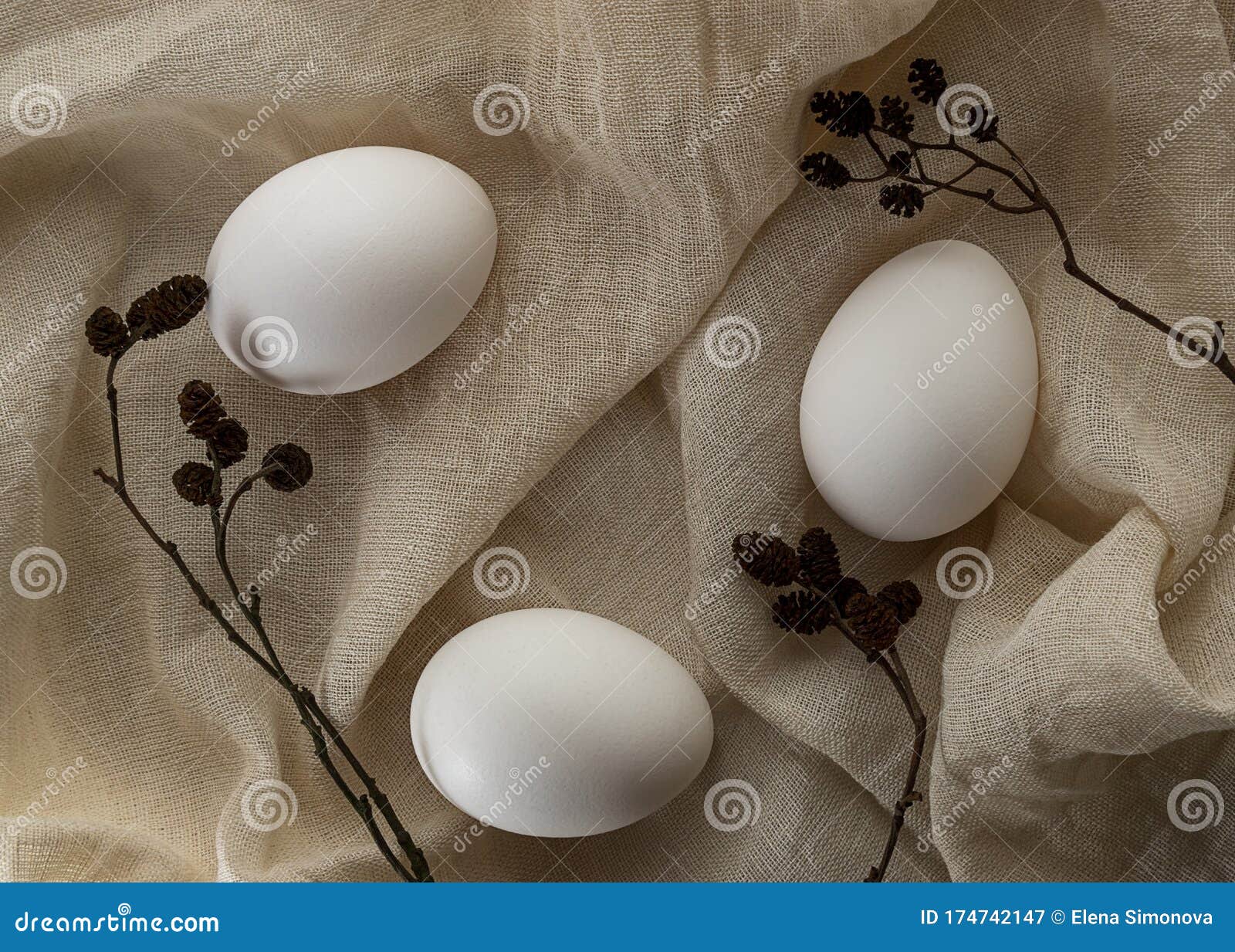 Three Easter White Eggs, Alder Cones on a Beige Textile Stock Image