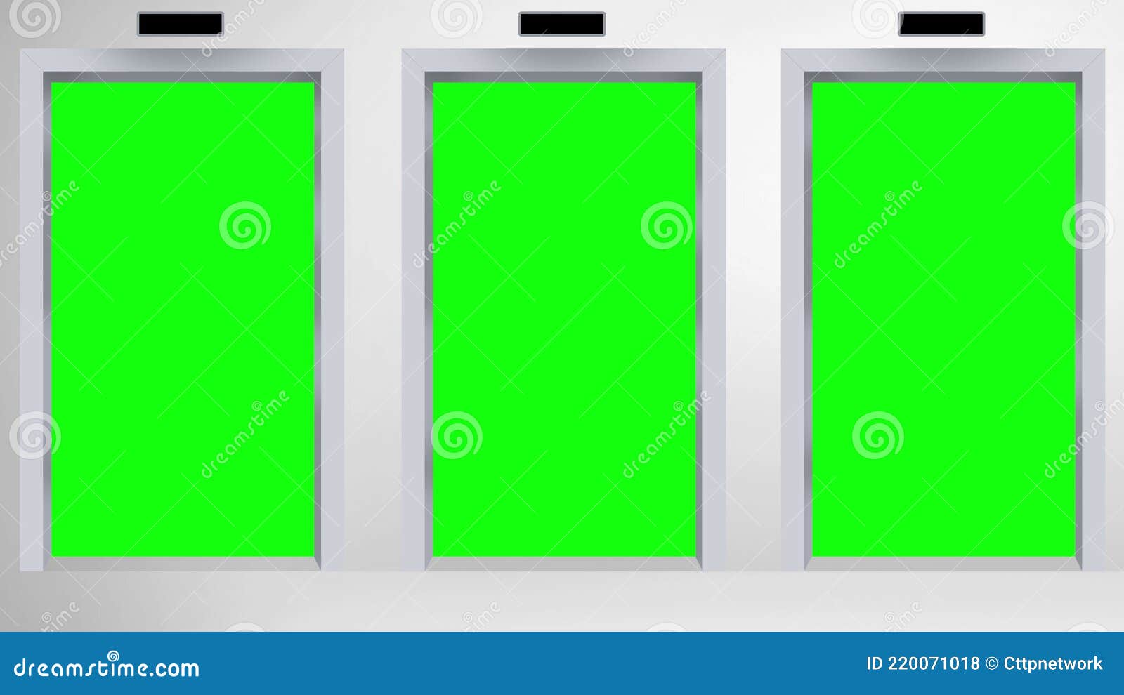 Three Elevators Lift Doors Opening with Green Screen Revealing 4K. Modern Advertising Stock
