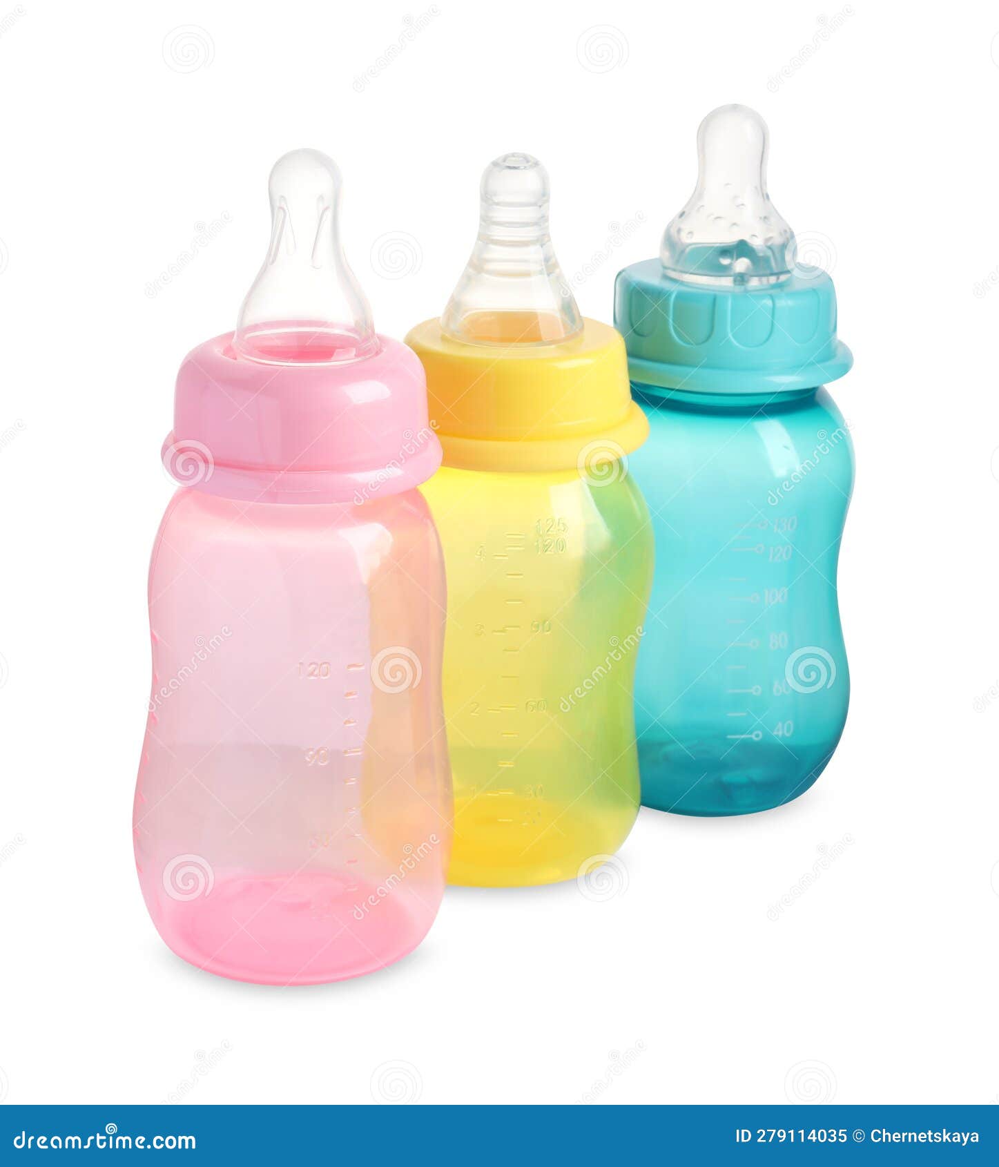 Three Empty Feeding Bottles for Baby Milk Isolated on White Stock Image