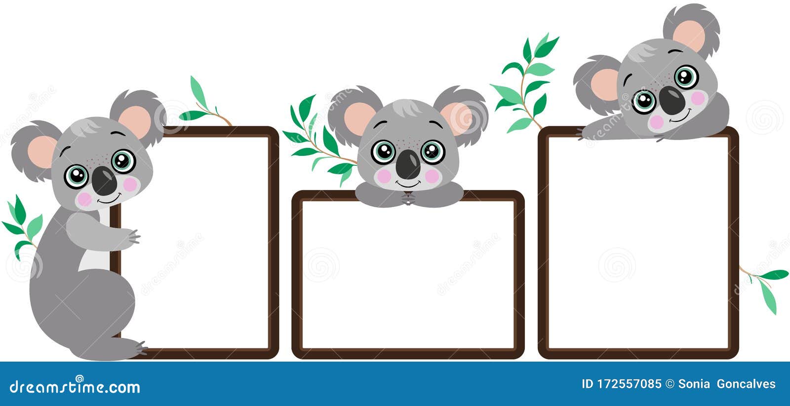 Three Empty Frames with Cute Koalas and Bamboo Leaves Stock Vector