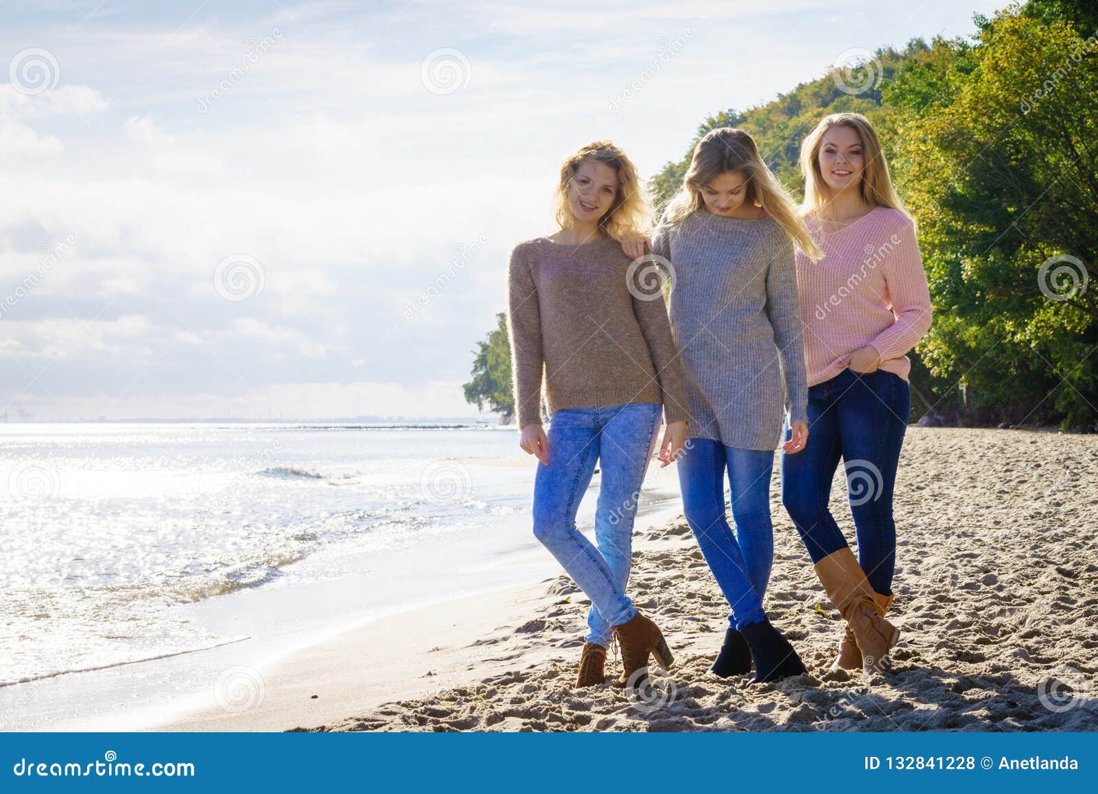 Three Fashionable Models Outdoor Stock Photo - Image of stylish, shore ...