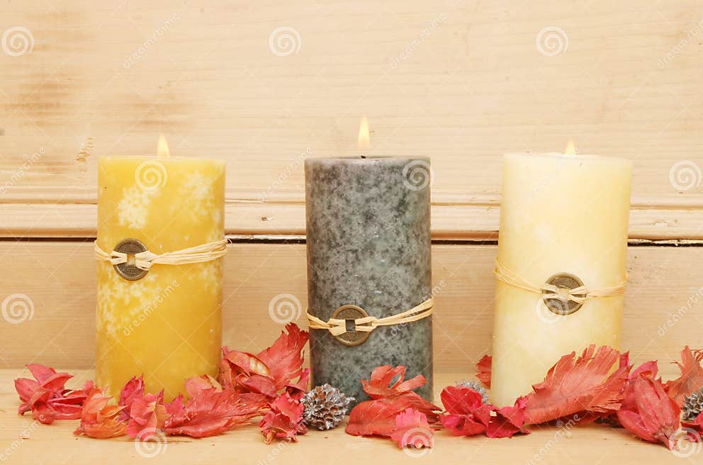 Three Feng Shui candles stock photo. Image of burning 18198100