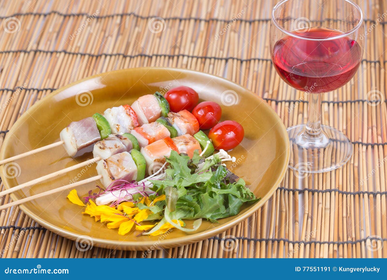 Three Flavored Fish Barbeque and Red Wine Stock Image Image of close