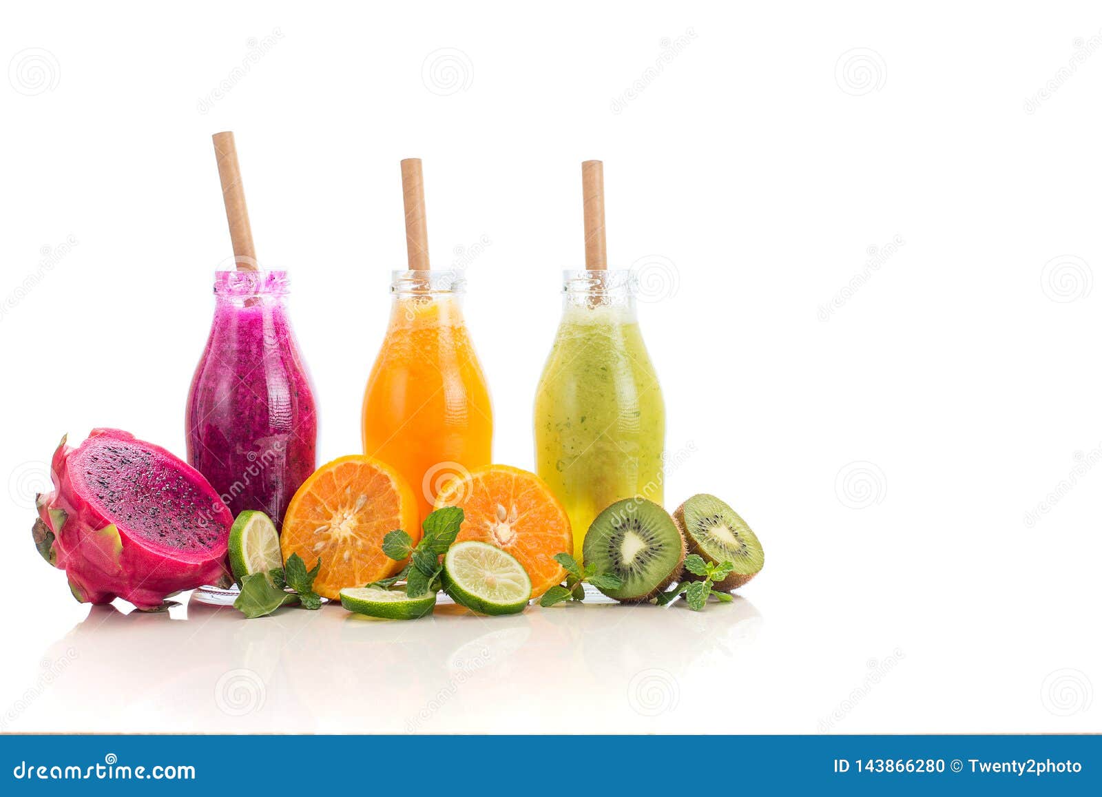 Three Flavours of Fruit Juice in Bottles with a Straw Islolated on