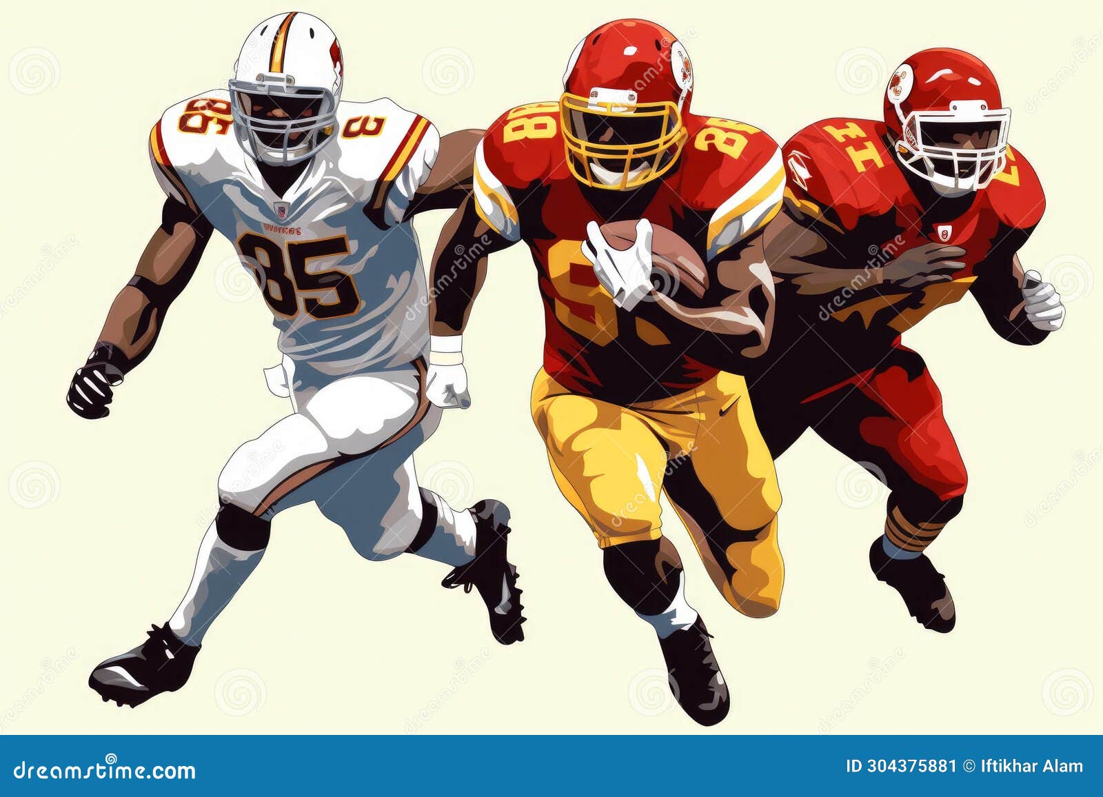 Three Football Players in Action, Running Together with the Ball during