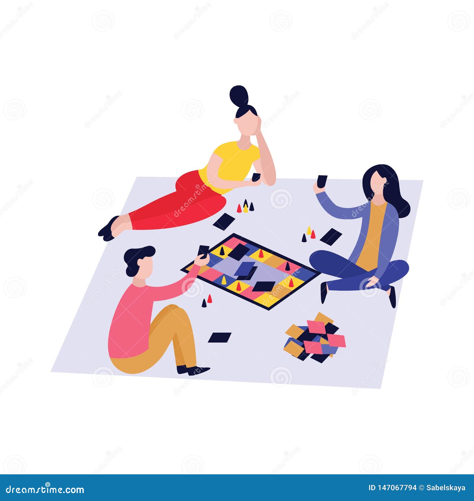 Three Friends Playing Board Game Together Stock Vector Illustration