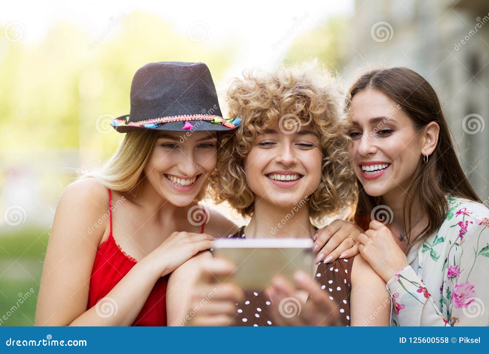 Three Friends Taking Selfies Stock Photo - Image of flare, female ...