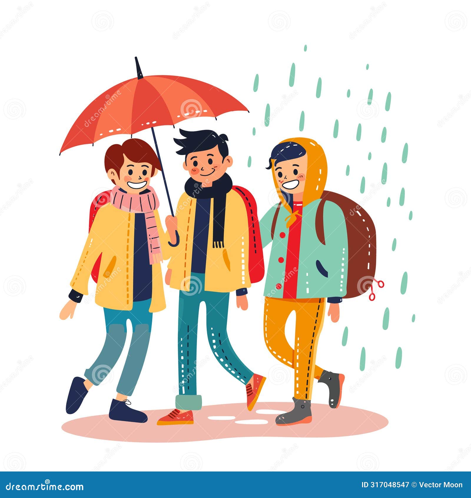 three friends walking under umbrella during rainfall, cheerful group characters raincoats.