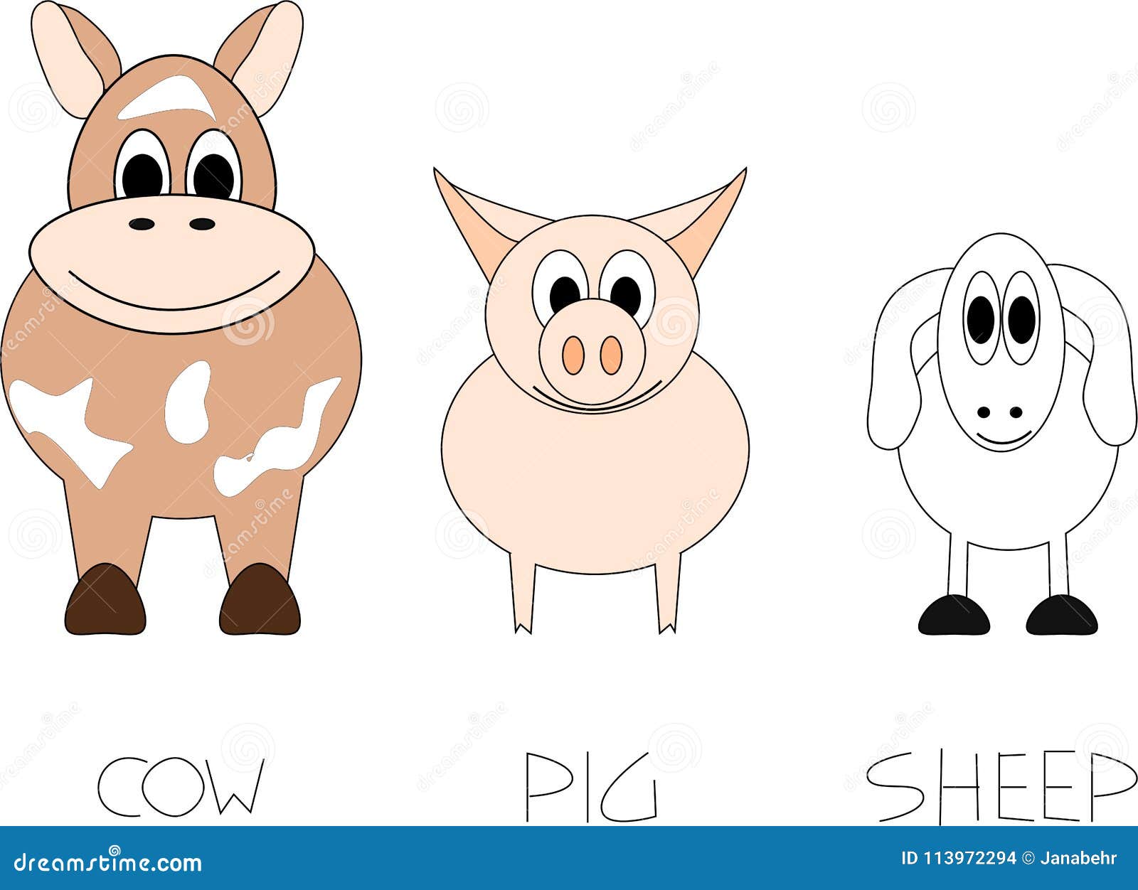Three funny farm animals stock illustration. Illustration of breed -  113972294