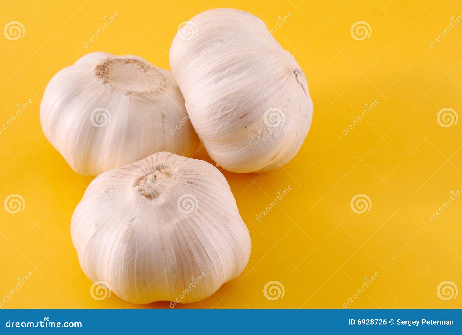 Three garlics on yellow stock photo. Image of garlics 6928726