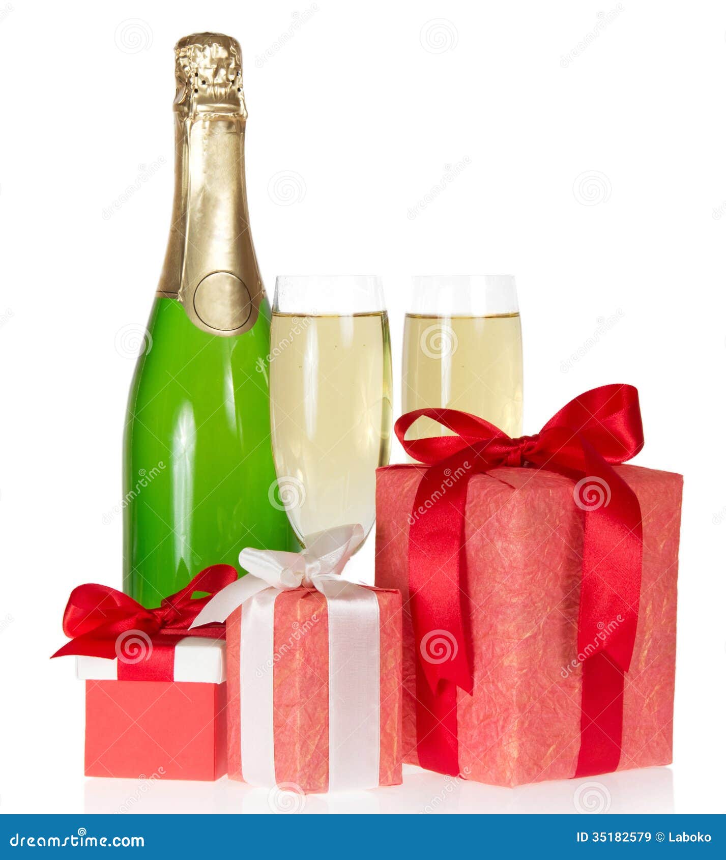 Three Gift Box and Bottle of Champagne Stock Image - Image of champagne ...