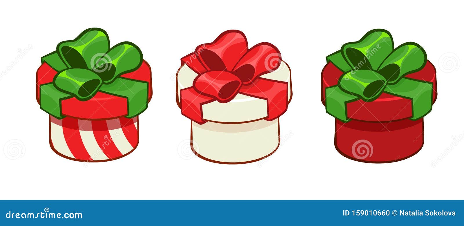 three gift boxes in tratitional christmas colors