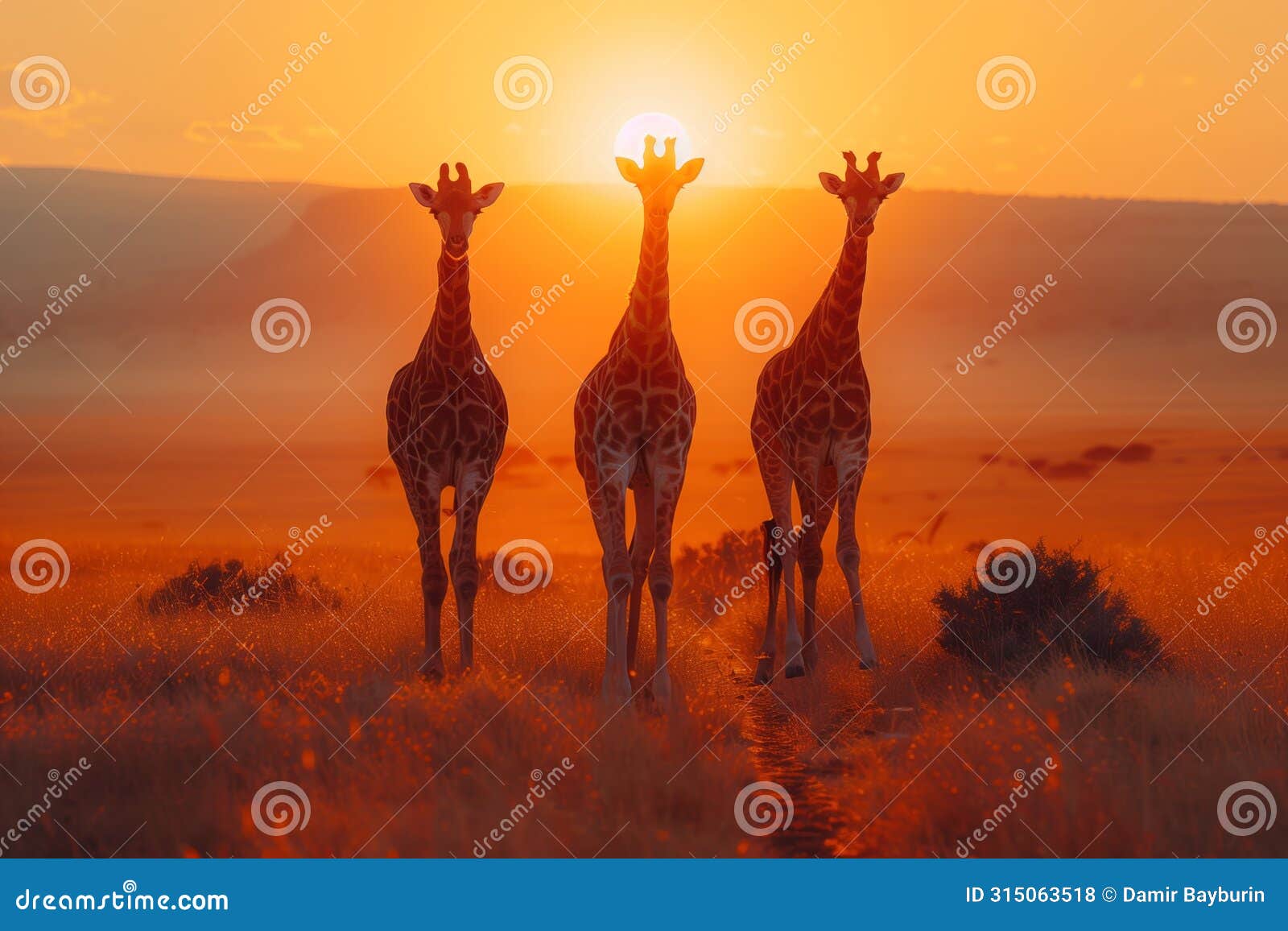 Three Giraffes Graze in a Grassland at Sunset, Under the Colorful Sky