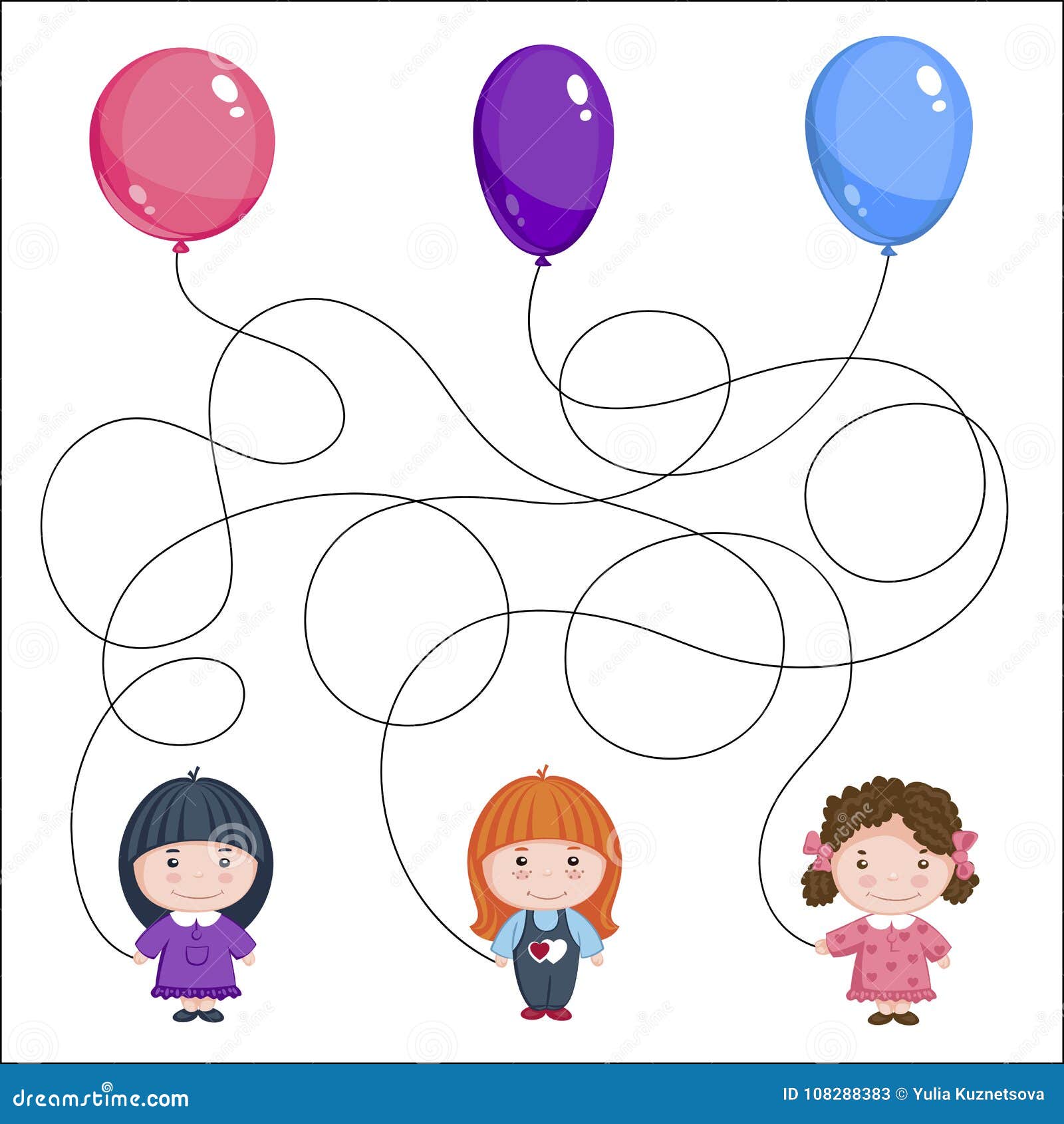 three girls with balloons. children`s picture with a riddle. where is whose ball is?
